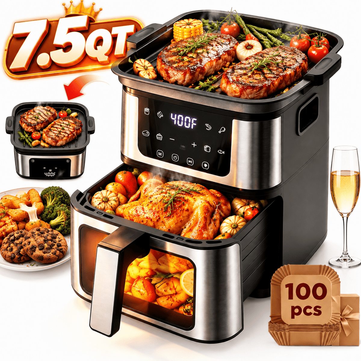 Air Fryer+Grill Plate, 7.5 Quart 8-in-1 Dual Mode Air Fryer with Window, 120-Min Timer, Max 400°F, Auto Shut Off & Nonstick Dishwasher Safe Basket, Touchscreen Controls, Easy Meals, Black