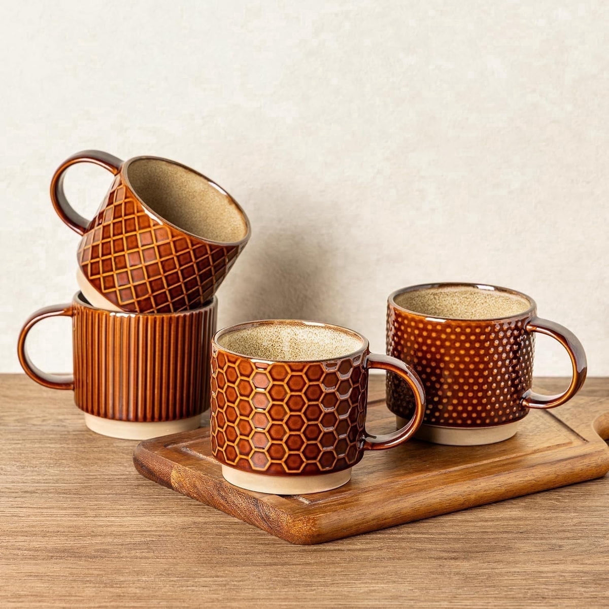 AmorArc 12OZ Stackable Ceramic Coffee Mugs with Texture Patterns, Modern Mug Set of 4 for Latte, Cappuccino and Cocoa, Dishwasher & Microwave Safe, off-white