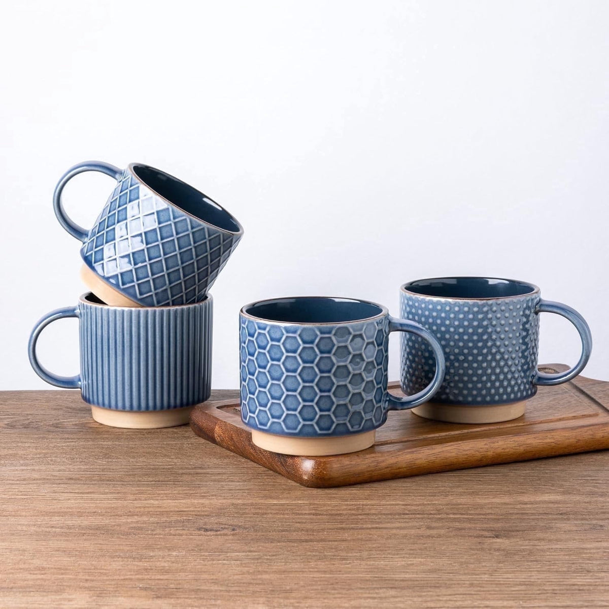 AmorArc 12OZ Stackable Ceramic Coffee Mugs with Texture Patterns, Modern Mug Set of 4 for Latte, Cappuccino and Cocoa, Dishwasher & Microwave Safe, off-white