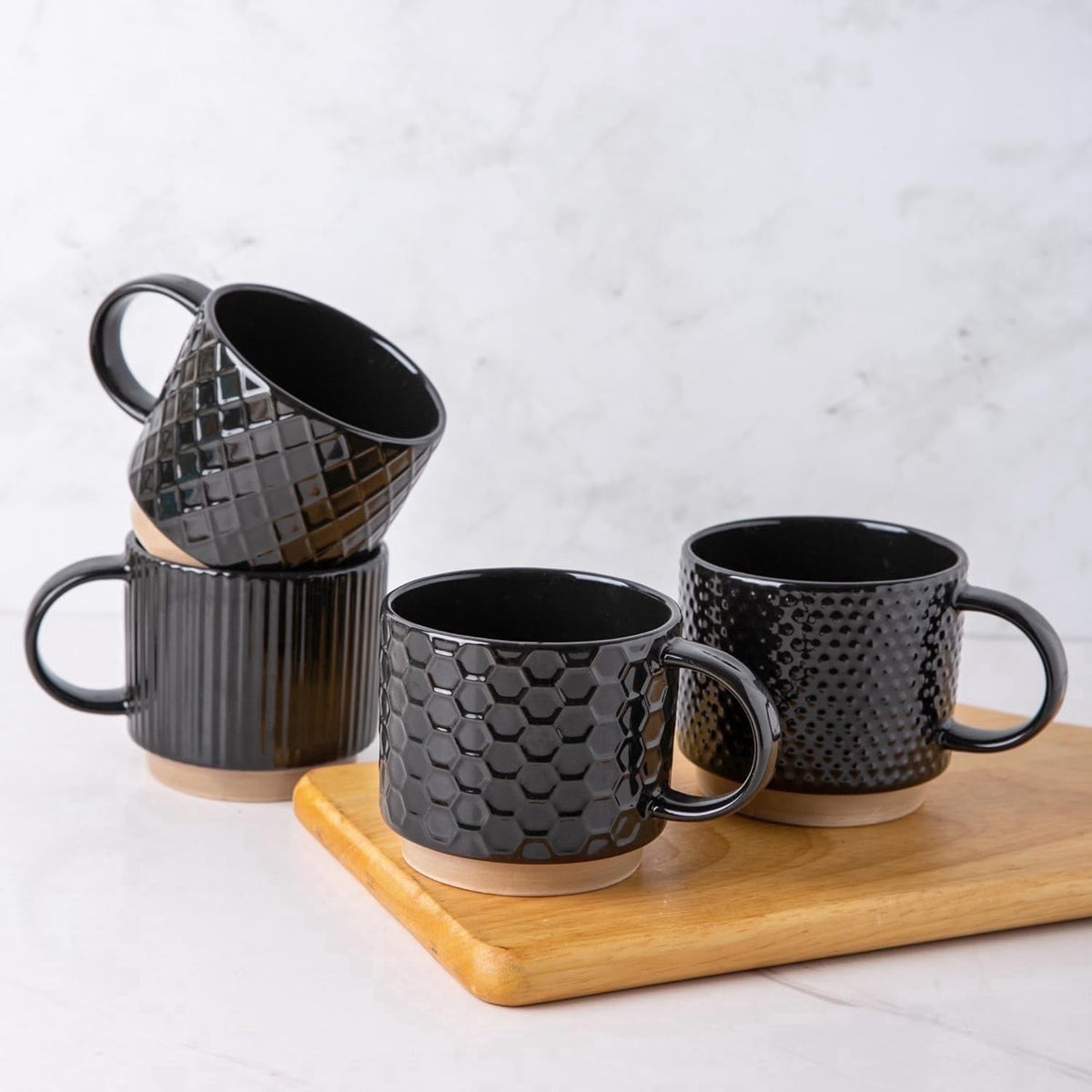 AmorArc 12OZ Stackable Ceramic Coffee Mugs with Texture Patterns, Modern Mug Set of 4 for Latte, Cappuccino and Cocoa, Dishwasher & Microwave Safe, off-white