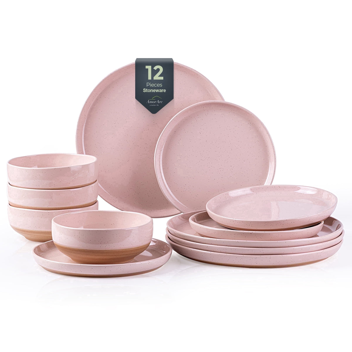 AmorArc Ceramic Dinnerware Sets for 4, 12 Pieces Handpainted Plates and Bowls Set with Rustic Terracotta Underside, Scratch Resistant Stoneware Dishes Set, Dishwasher & Microwave Safe,Light Beige