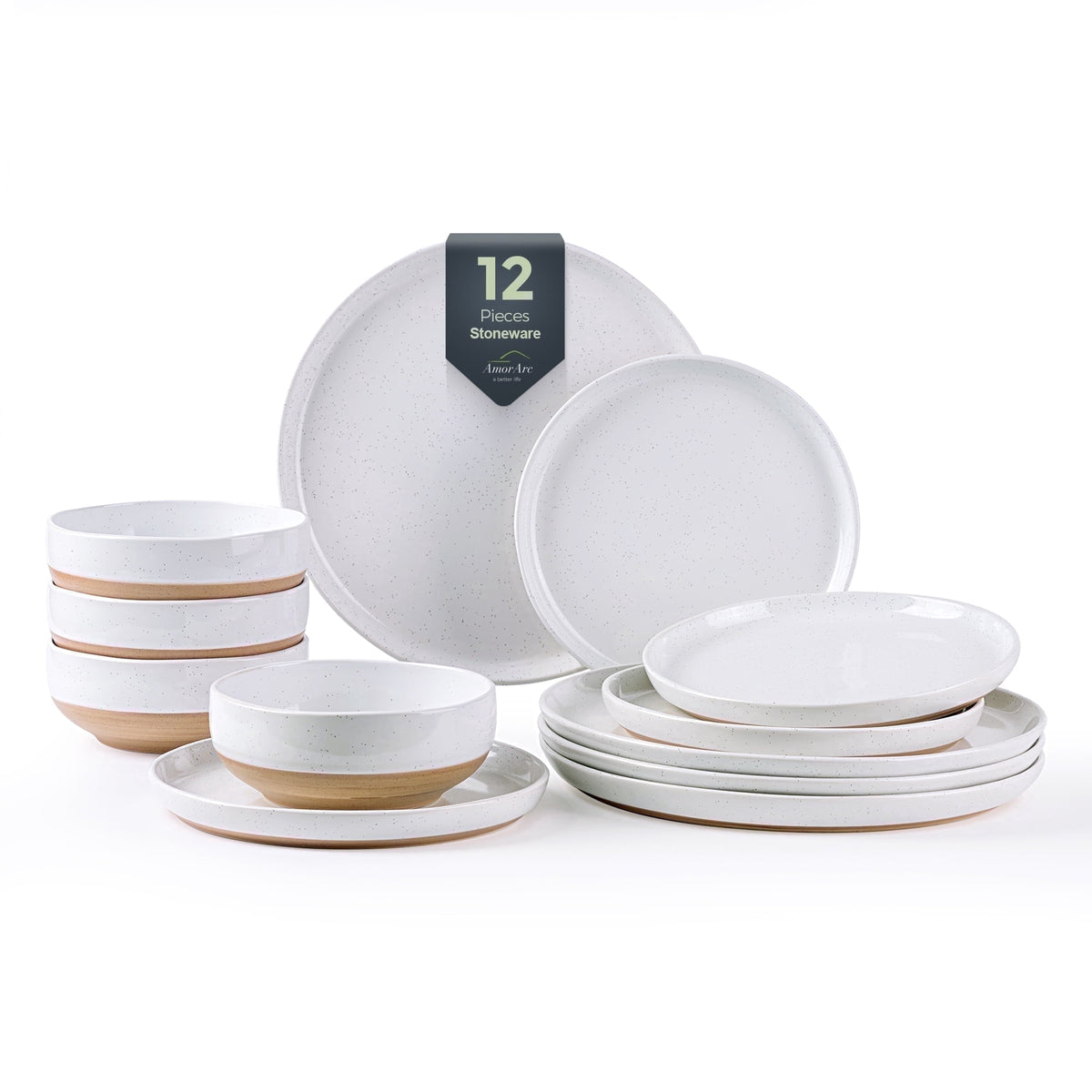 AmorArc Ceramic Dinnerware Sets for 4, 12 Pieces Handpainted Plates and Bowls Set with Rustic Terracotta Underside, Scratch Resistant Stoneware Dishes Set, Dishwasher & Microwave Safe,Light Beige