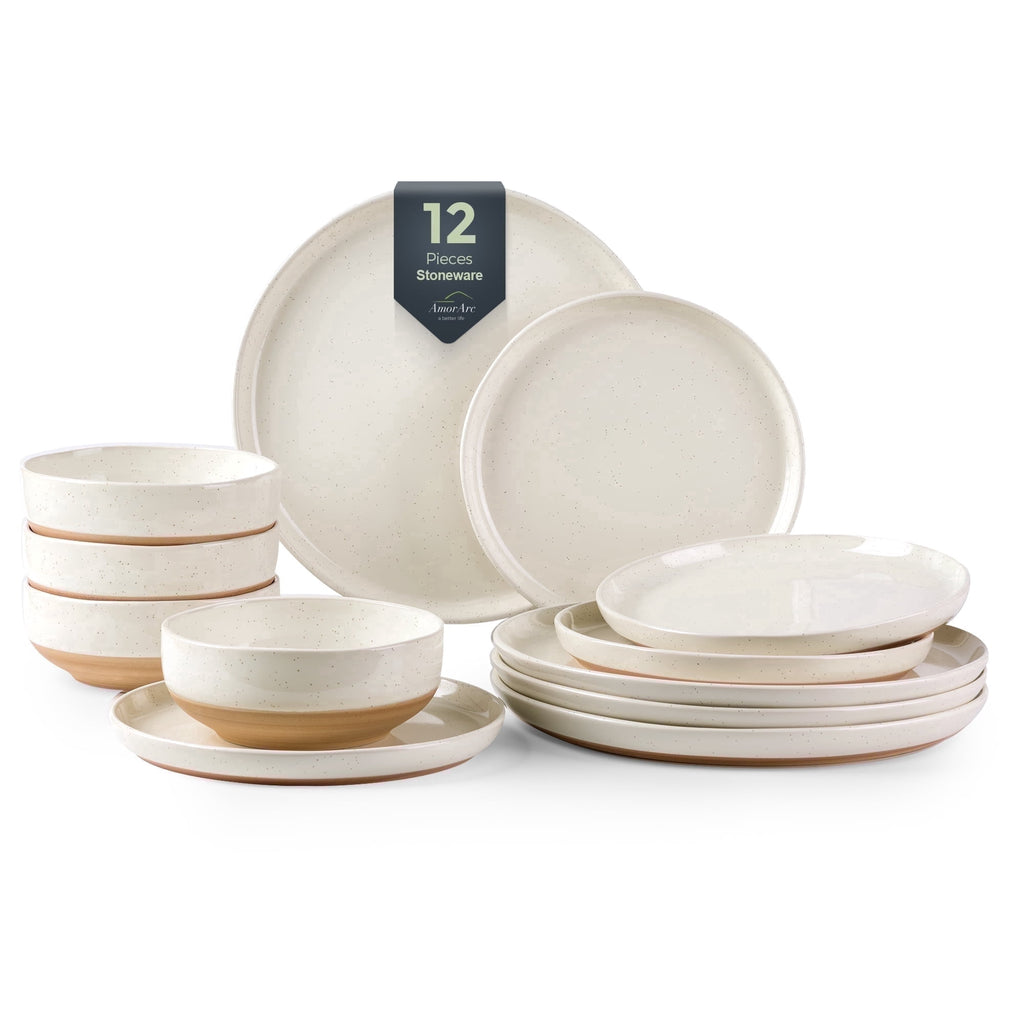 AmorArc Ceramic Dinnerware Sets for 4, 12 Pieces Handpainted Plates and Bowls Set with Rustic Terracotta Underside, Scratch Resistant Stoneware Dishes Set, Dishwasher & Microwave Safe,Light Beige