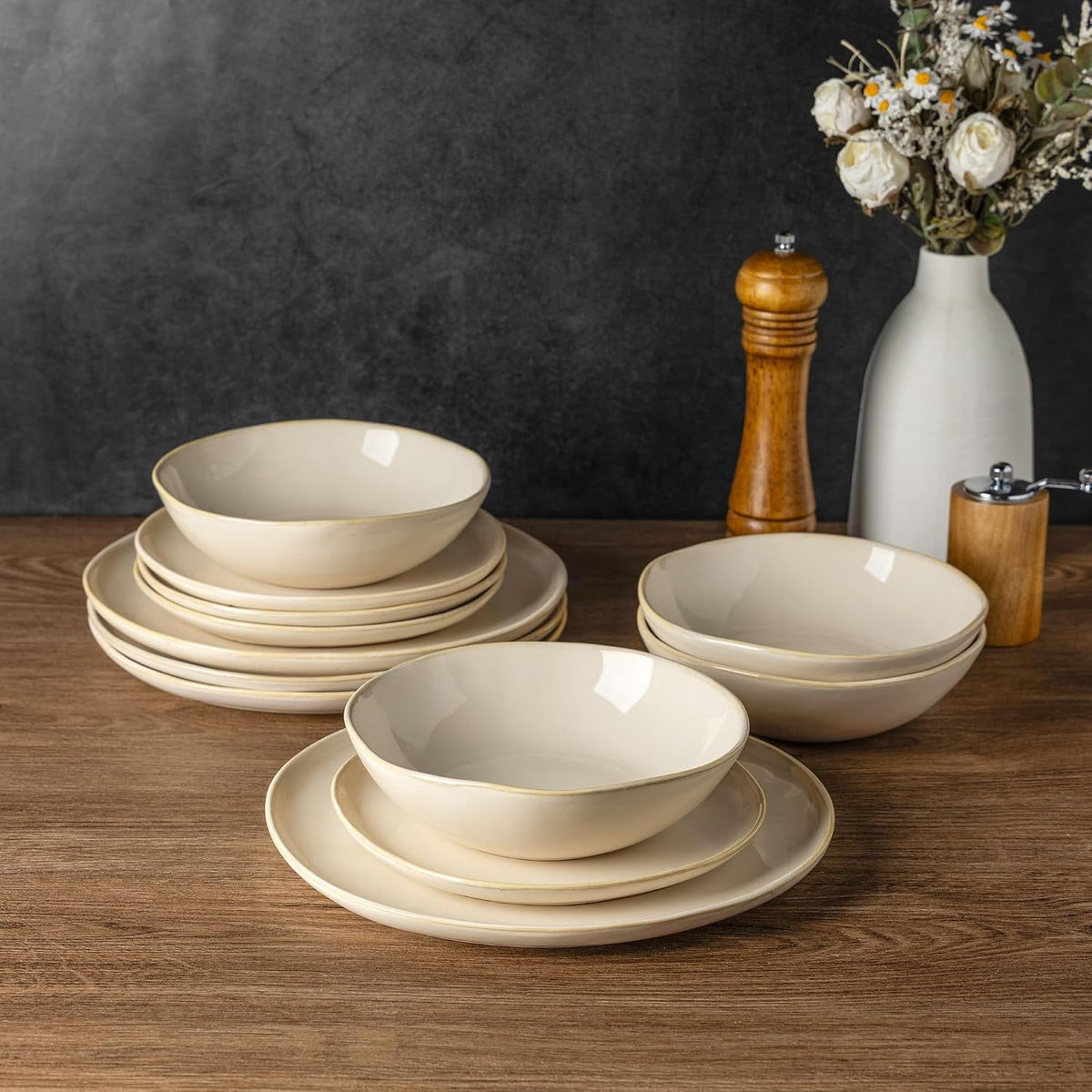 AmorArc Ceramic Dinnerware Sets,Handmade Reactive Glaze Stoneware Plates and Bowls Sets,Highly Chip and Crack Resistant | Dishwasher & Microwave Safe Dishes Set,Service for 4 Set(12pc),Reactive Glaze