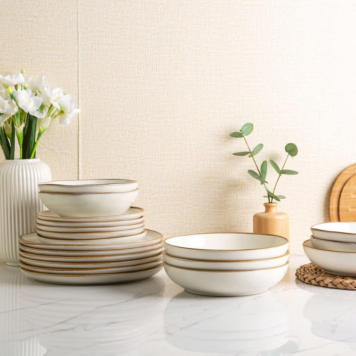 AmorArc Ceramic Dinnerware Sets,Handmade Reactive Glaze Stoneware Plates and Bowls Sets,Highly Chip and Crack Resistant | Dishwasher & Microwave Safe Dishes Set,Service for 4 Set(12pc),Reactive Glaze