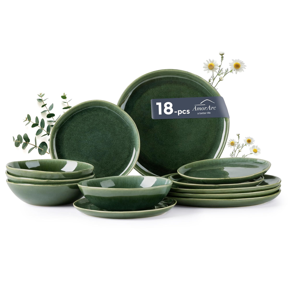 AmorArc Ceramic Dinnerware Sets,Handmade Reactive Glaze Stoneware Plates and Bowls Sets,Highly Chip and Crack Resistant | Dishwasher & Microwave Safe Dishes Set,Service for 4 Set(12pc),Reactive Glaze