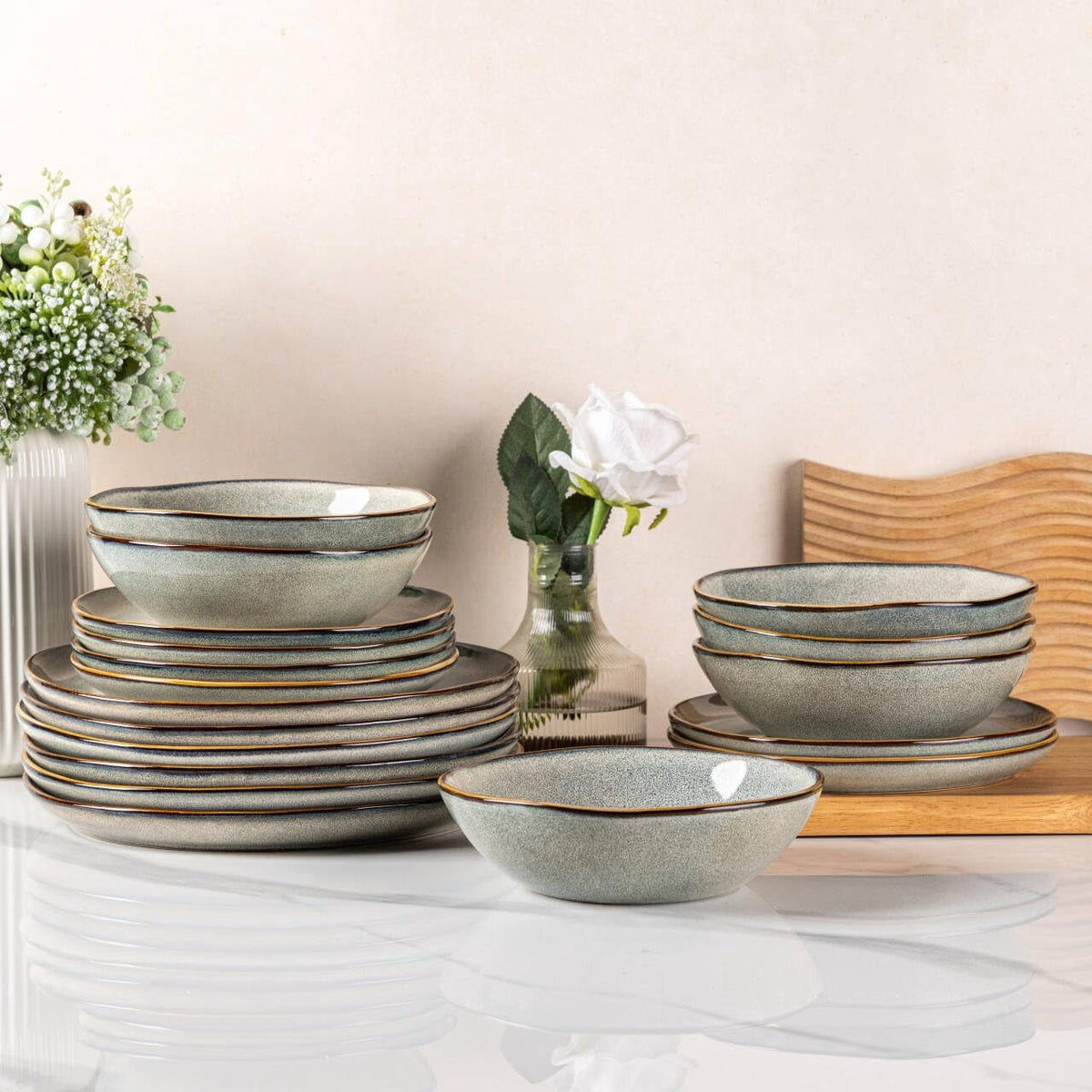 AmorArc Ceramic Dinnerware Sets,Handmade Reactive Glaze Stoneware Plates and Bowls Sets,Highly Chip and Crack Resistant | Dishwasher & Microwave Safe Dishes Set,Service for 4 Set(12pc),Reactive Glaze