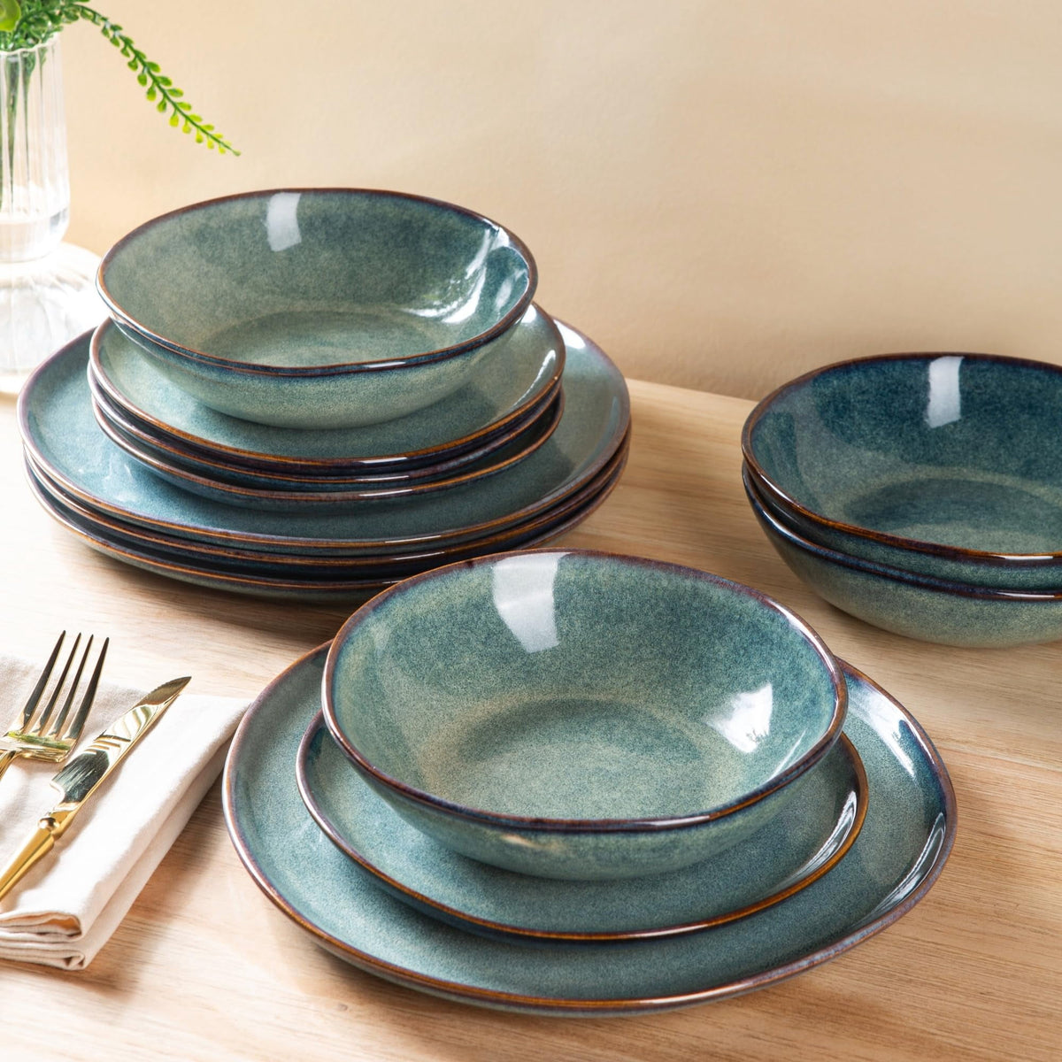 AmorArc Ceramic Dinnerware Sets,Handmade Reactive Glaze Stoneware Plates and Bowls Sets,Highly Chip and Crack Resistant | Dishwasher & Microwave Safe Dishes Set,Service for 4 Set(12pc),Reactive Glaze
