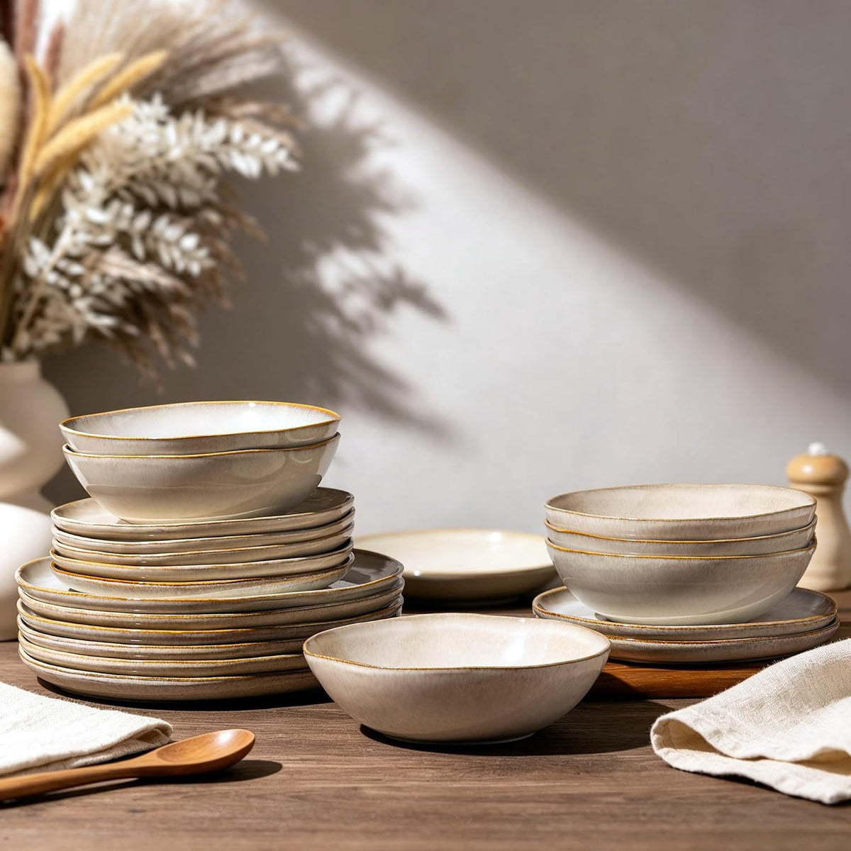 AmorArc Ceramic Dinnerware Sets,Handmade Reactive Glaze Stoneware Plates and Bowls Sets,Highly Chip and Crack Resistant | Dishwasher & Microwave Safe Dishes Set,Service for 4 Set(12pc),Reactive Glaze