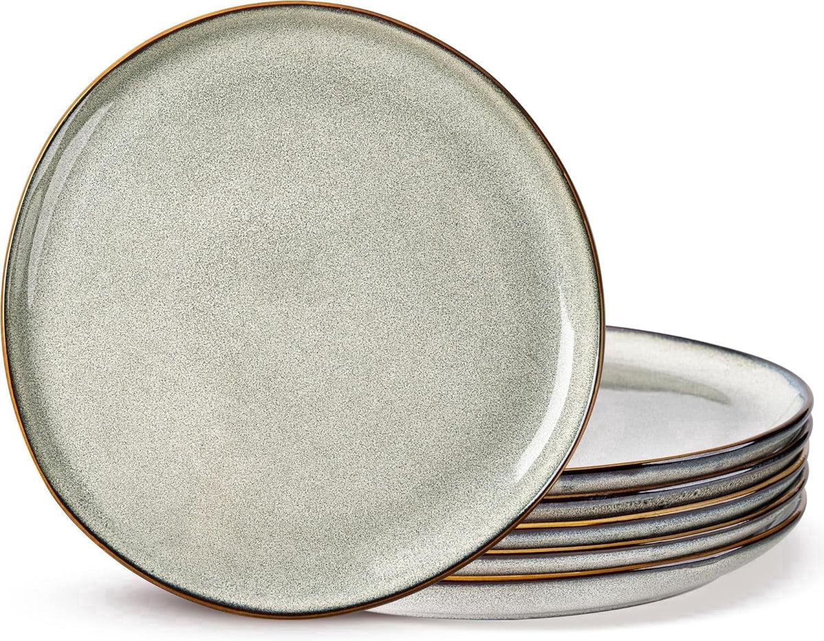 AmorArc Ceramic Plates Set of 6, 8.5 Inch Handmade Reactive Glaze Stoneware Plates set for Dessert, Salad, Appetizer, Dinner, Microwave & Dishwasher Safe, Scratch Resistant-Pearl White