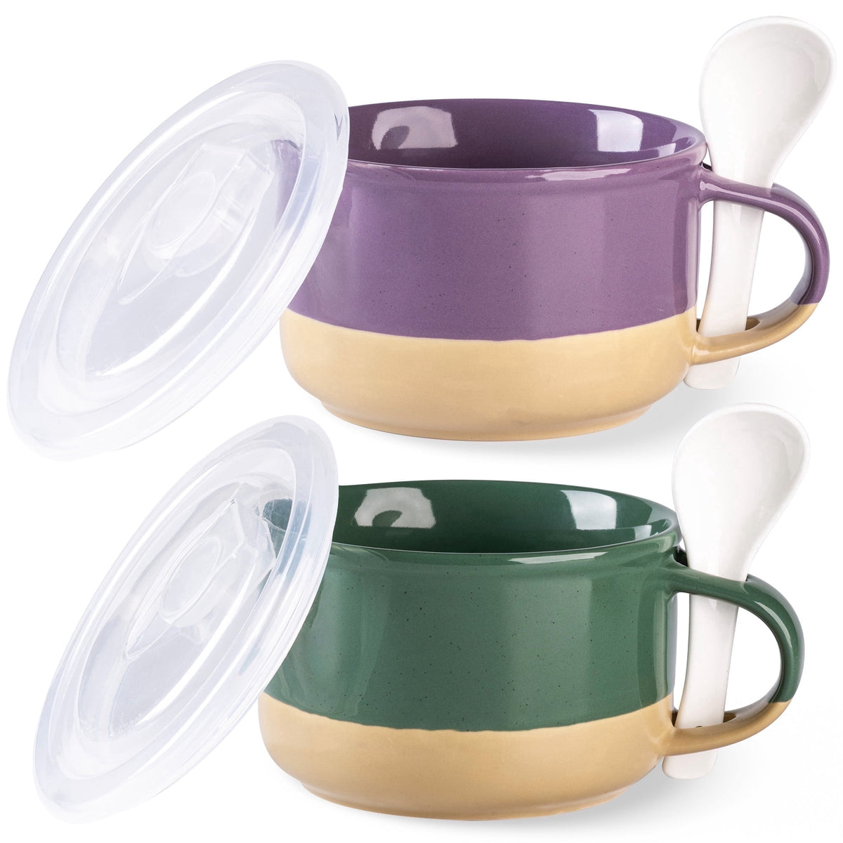 AmorArc Ceramic Soup Mugs with Handles and Lids,24 OZ Soup Cups Set of 2 with Terracotta Underside,Mug Bowls with Spoon for Soup/Cereal/Salad/Noodles/Ramen/Microware &Dishwasher Safe-White &Peach