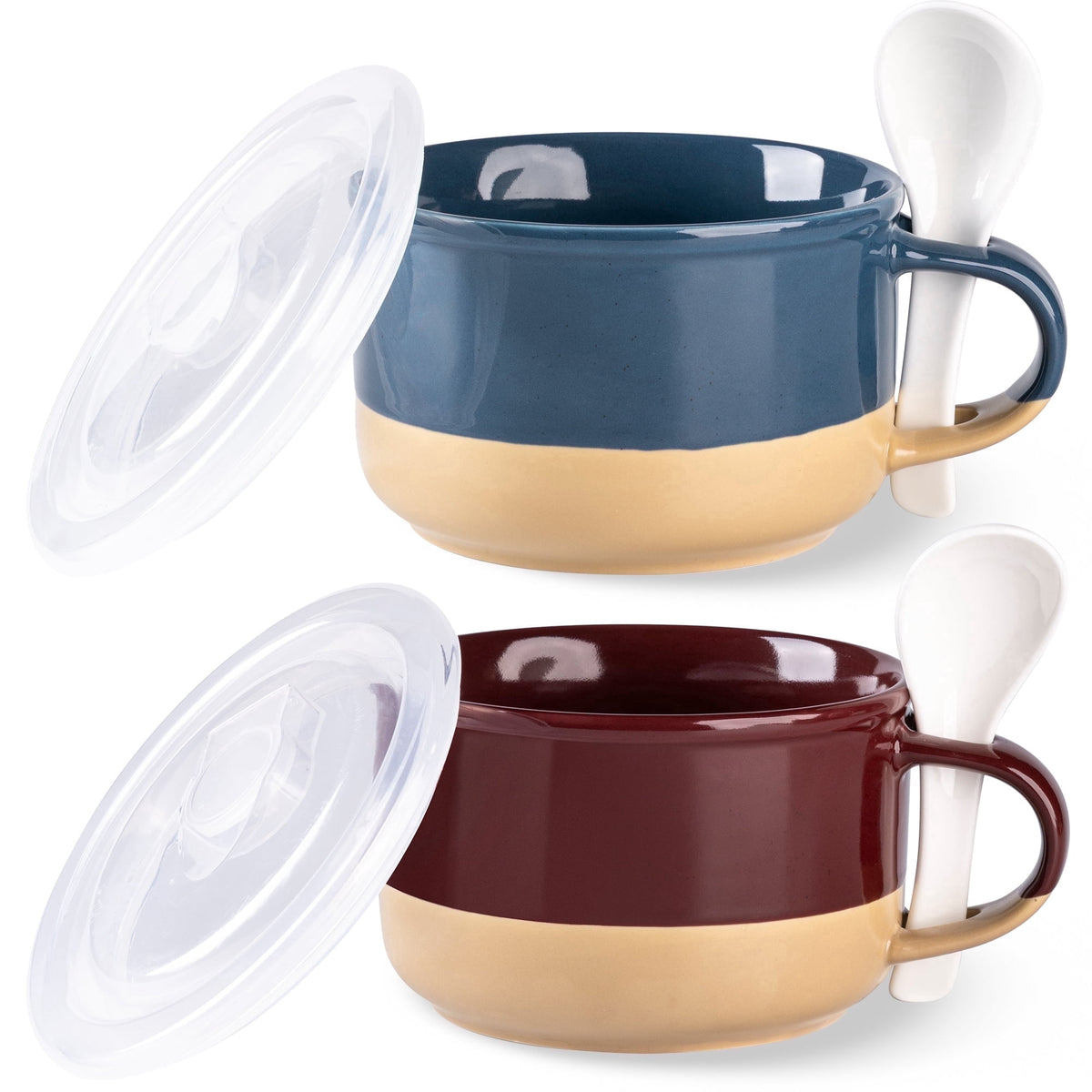 AmorArc Ceramic Soup Mugs with Handles and Lids,24 OZ Soup Cups Set of 2 with Terracotta Underside,Mug Bowls with Spoon for Soup/Cereal/Salad/Noodles/Ramen/Microware &Dishwasher Safe-White &Peach
