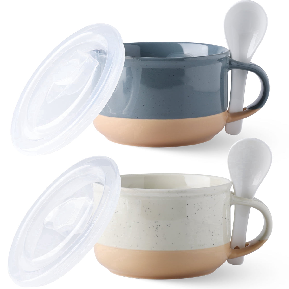 AmorArc Ceramic Soup Mugs with Handles and Lids,24 OZ Soup Cups Set of 2 with Terracotta Underside,Mug Bowls with Spoon for Soup/Cereal/Salad/Noodles/Ramen/Microware &Dishwasher Safe-White &Peach