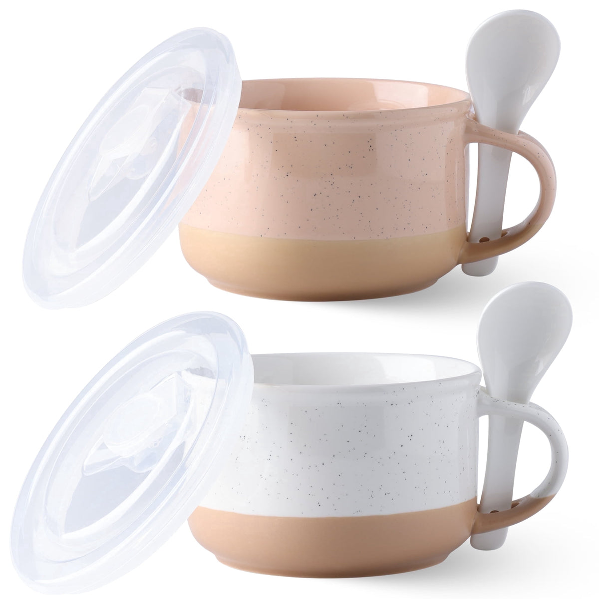 AmorArc Ceramic Soup Mugs with Handles and Lids,24 OZ Soup Cups Set of 2 with Terracotta Underside,Mug Bowls with Spoon for Soup/Cereal/Salad/Noodles/Ramen/Microware &Dishwasher Safe-White &Peach