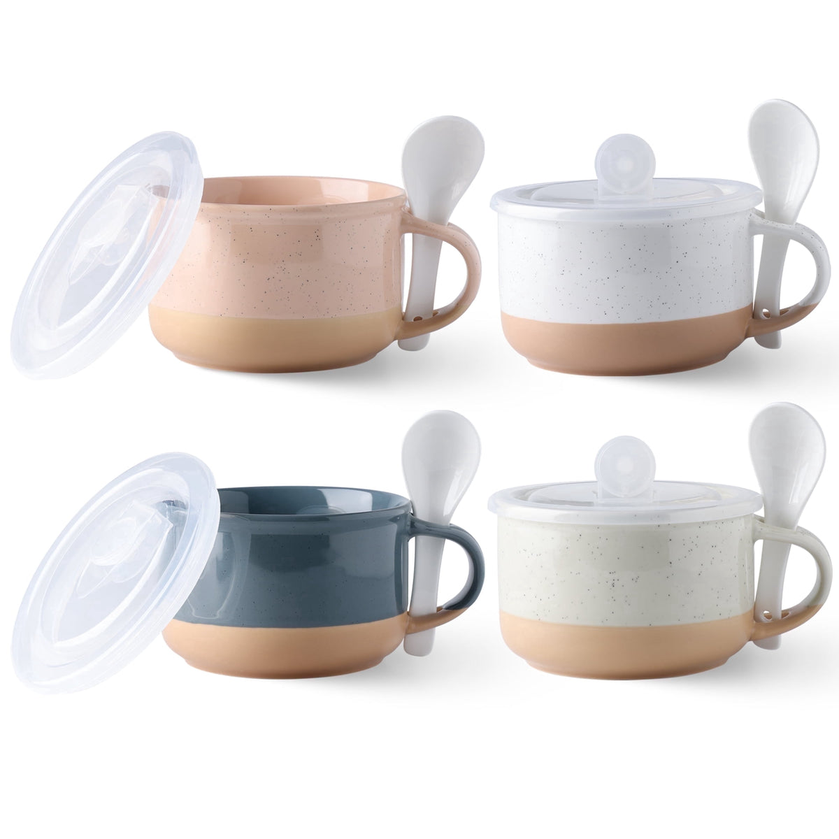 AmorArc Ceramic Soup Mugs with Handles and Lids,24 OZ Soup Cups Set of 2 with Terracotta Underside,Mug Bowls with Spoon for Soup/Cereal/Salad/Noodles/Ramen/Microware &Dishwasher Safe-White &Peach