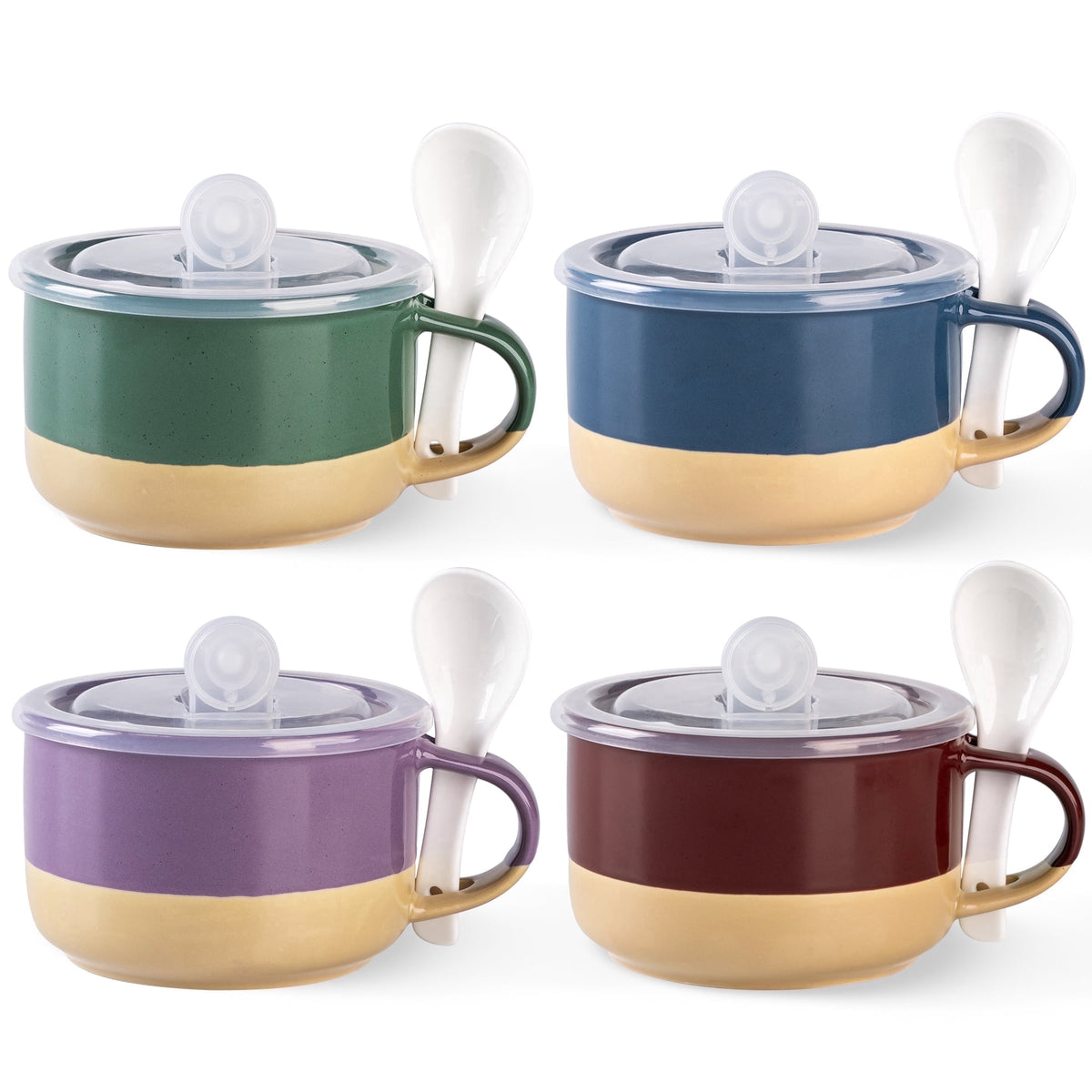 AmorArc Ceramic Soup Mugs with Handles and Lids,24 OZ Soup Cups Set of 2 with Terracotta Underside,Mug Bowls with Spoon for Soup/Cereal/Salad/Noodles/Ramen/Microware &Dishwasher Safe-White &Peach