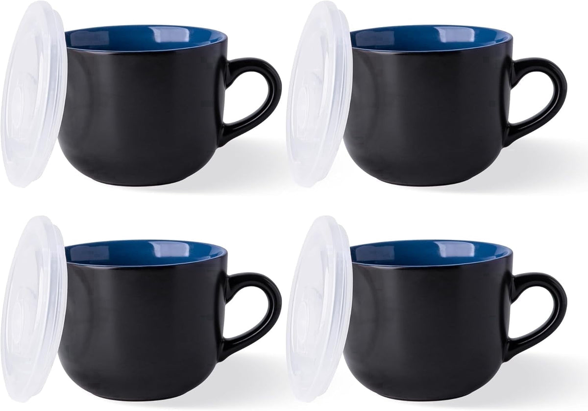 AmorArc Ceramic Soup Mugs with Lid, 24 oz Soup Cups with Hanlde for Coffee,Cereal,Salad,Noodles,Tea,Soup Bowls Cups,Microwave &Dishwasher Safe, Set of 4, Blue with Vented lid