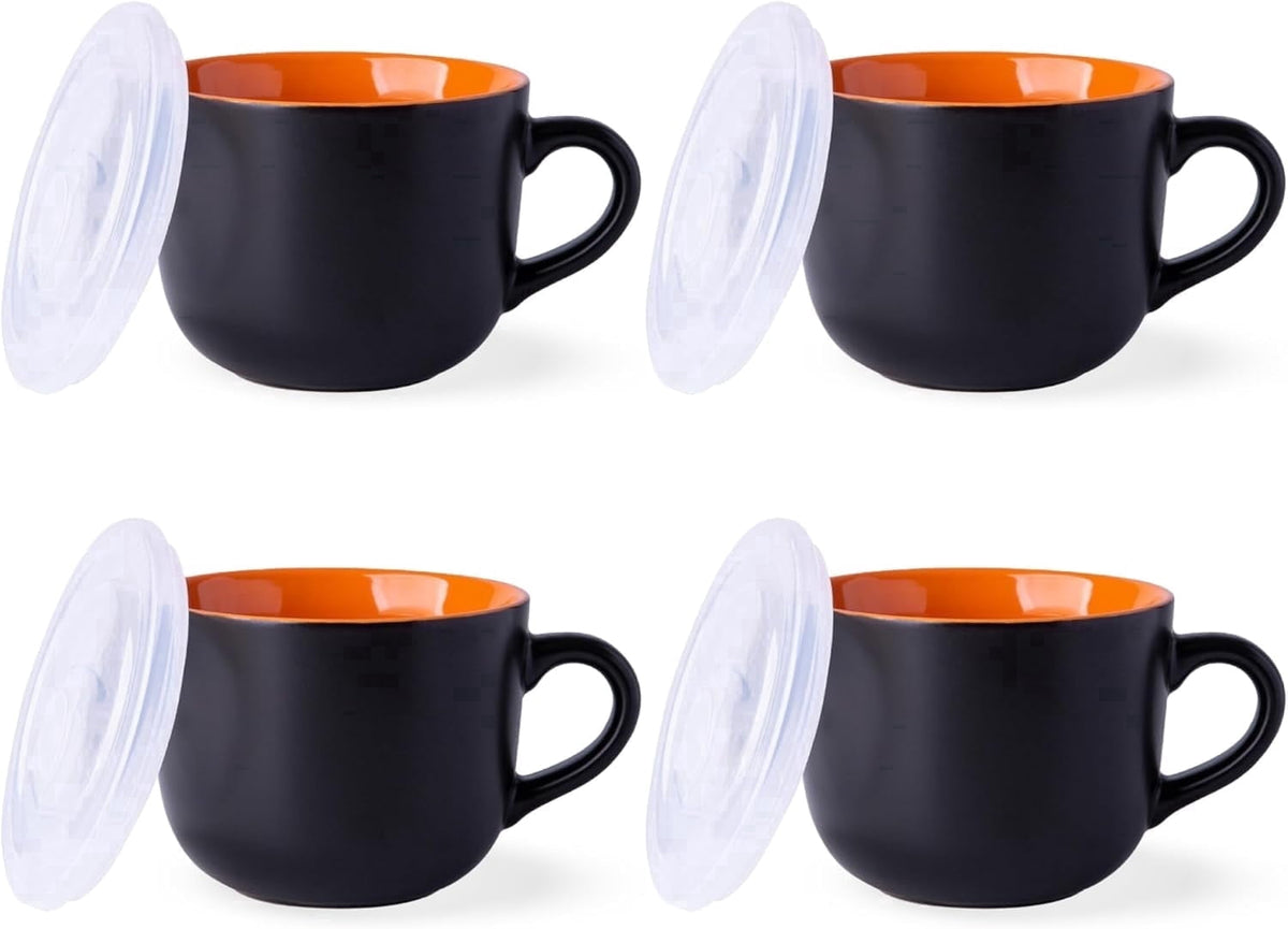 AmorArc Ceramic Soup Mugs with Lid, 24 oz Soup Cups with Hanlde for Coffee,Cereal,Salad,Noodles,Tea,Soup Bowls Cups,Microwave &Dishwasher Safe, Set of 4, Blue with Vented lid