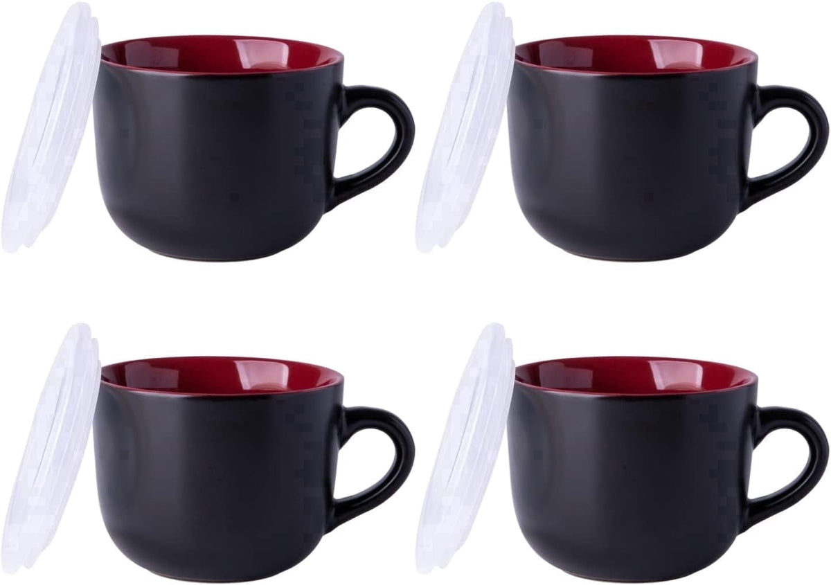 AmorArc Ceramic Soup Mugs with Lid, 24 oz Soup Cups with Hanlde for Coffee,Cereal,Salad,Noodles,Tea,Soup Bowls Cups,Microwave &Dishwasher Safe, Set of 4, Blue with Vented lid