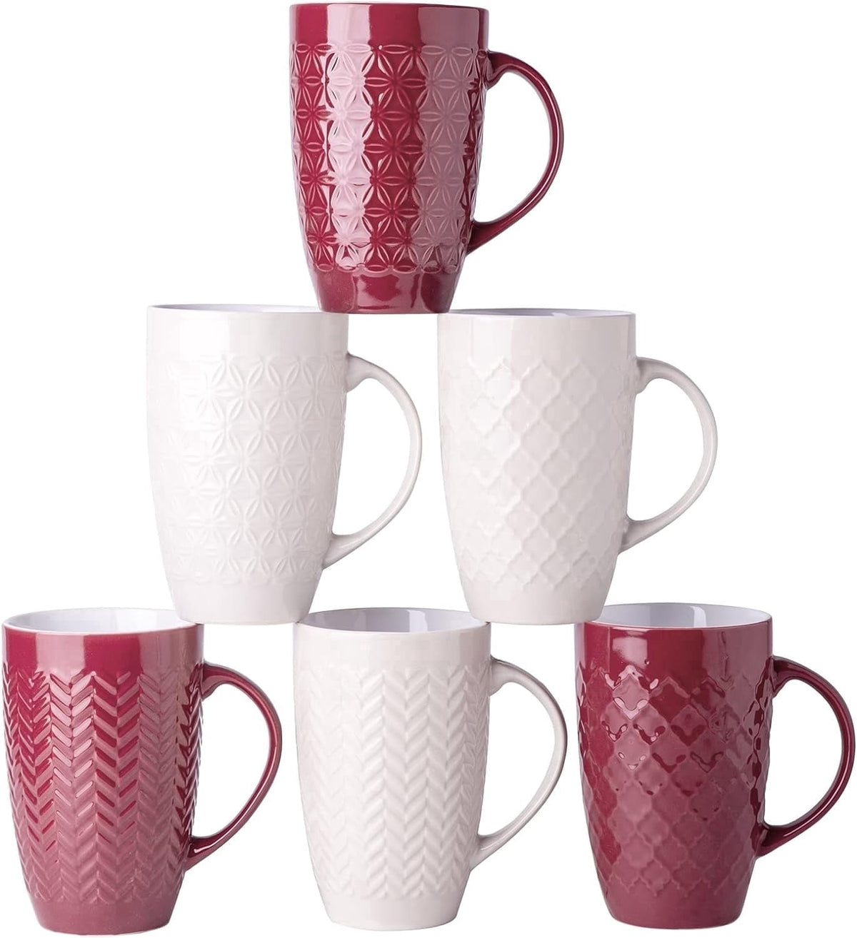 AmorArc Extra Large Coffee Mugs Set of 6, 20oz Ceramic Tall Coffee Mugs Set with Textured Geometric Patterns for Coffee/Tea/Beer/Hot Cocoa, Dishwasher & Microwave Safe,Beige