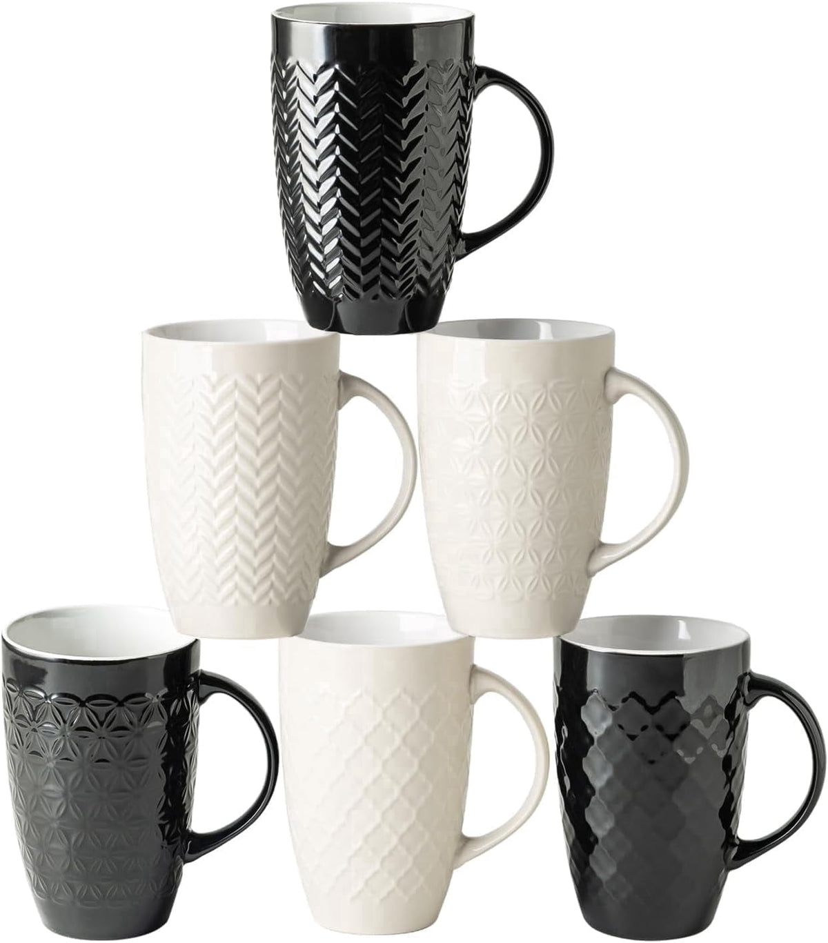 AmorArc Extra Large Coffee Mugs Set of 6, 20oz Ceramic Tall Coffee Mugs Set with Textured Geometric Patterns for Coffee/Tea/Beer/Hot Cocoa, Dishwasher & Microwave Safe,Beige