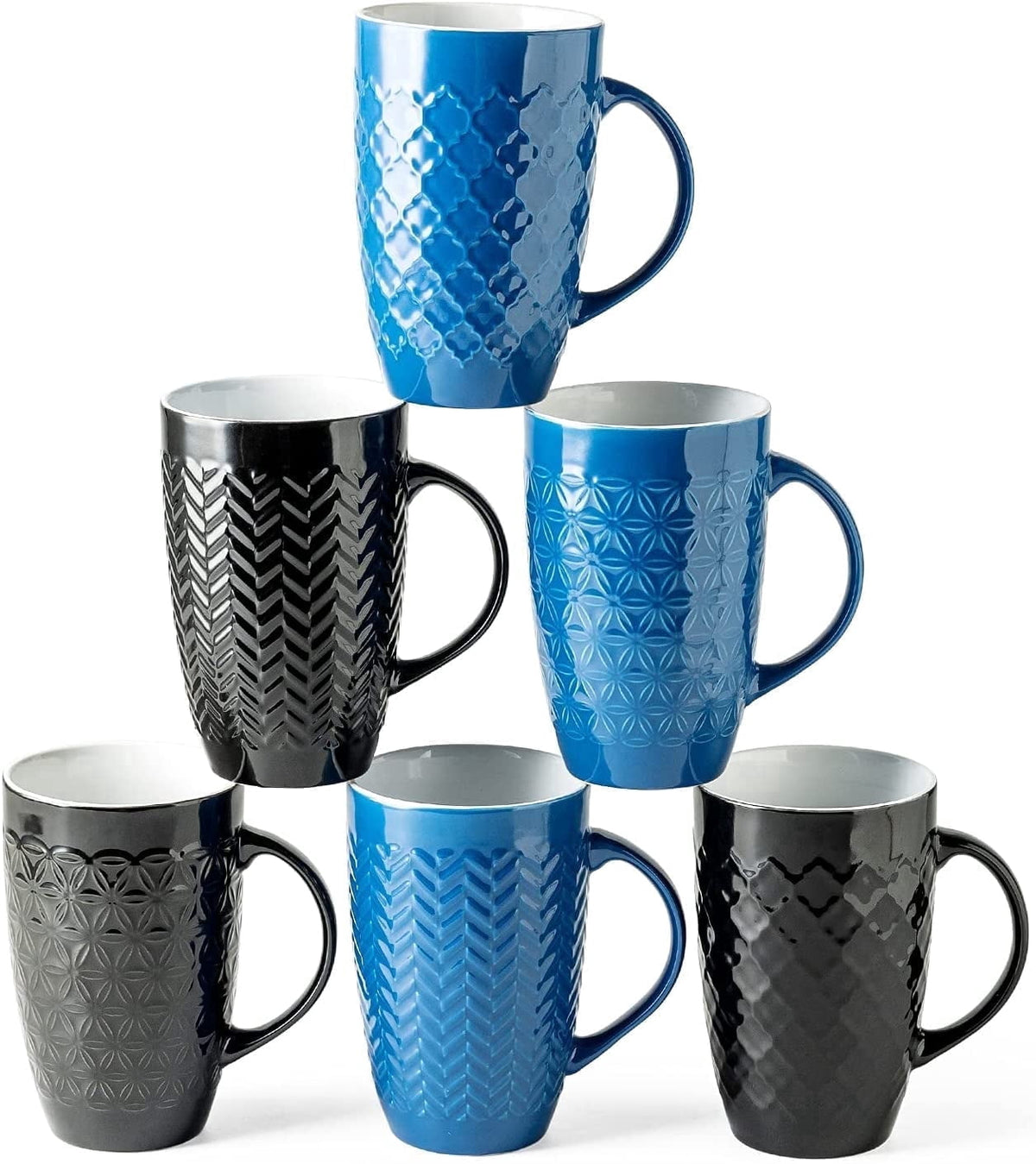 AmorArc Extra Large Coffee Mugs Set of 6, 20oz Ceramic Tall Coffee Mugs Set with Textured Geometric Patterns for Coffee/Tea/Beer/Hot Cocoa, Dishwasher & Microwave Safe,Beige