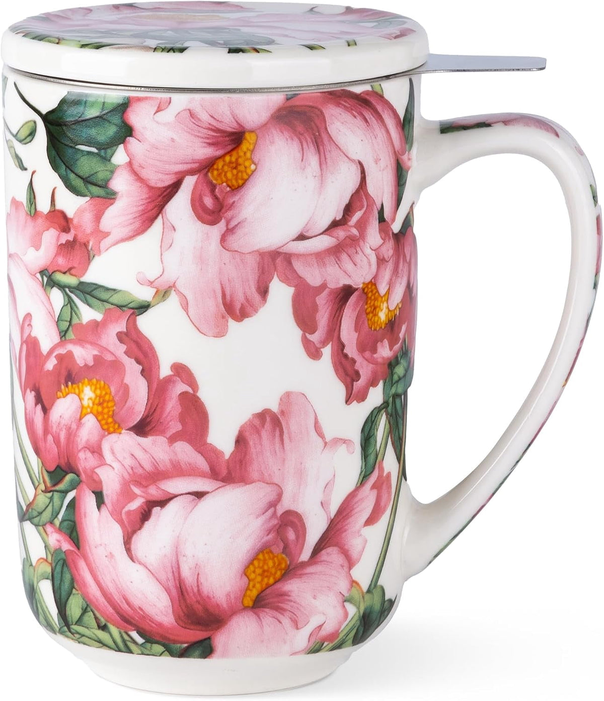 AmorArc Porcelain Tea Mug with Infuser and Lids, 18 Oz Cup Strainer Bag Holder for Loose Leaf Tea, Steeping Coffee Well-wrapped Box House-warming Wedding Birthday Gift, YelloRed