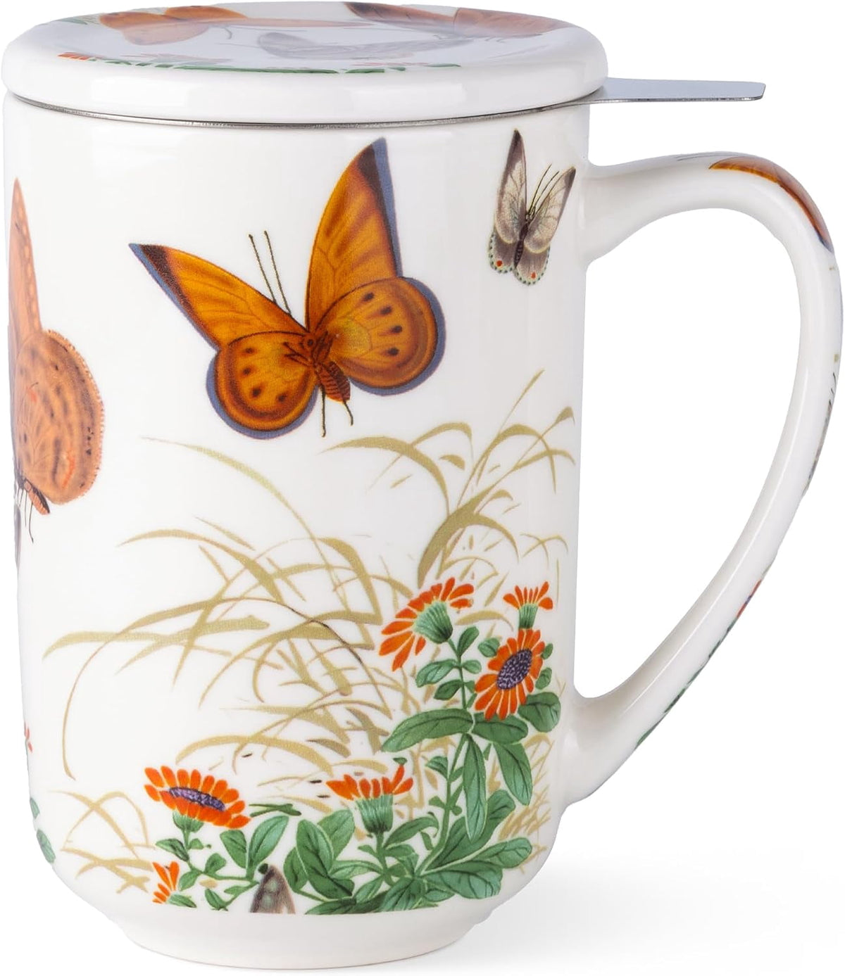 AmorArc Porcelain Tea Mug with Infuser and Lids, 18 Oz Cup Strainer Bag Holder for Loose Leaf Tea, Steeping Coffee Well-wrapped Box House-warming Wedding Birthday Gift, YelloRed