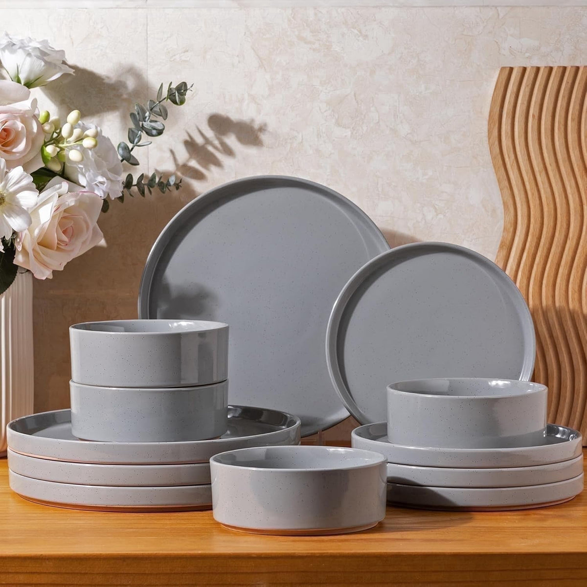 AmorArc Ceramic Dinnerware Set for 4 | Speckled Stoneware Plates and Bowls with unglazed terracotta | Scratch Resistant, Dishwasher & Microwave Safe Dishes Sets- 12-Pcs Pink