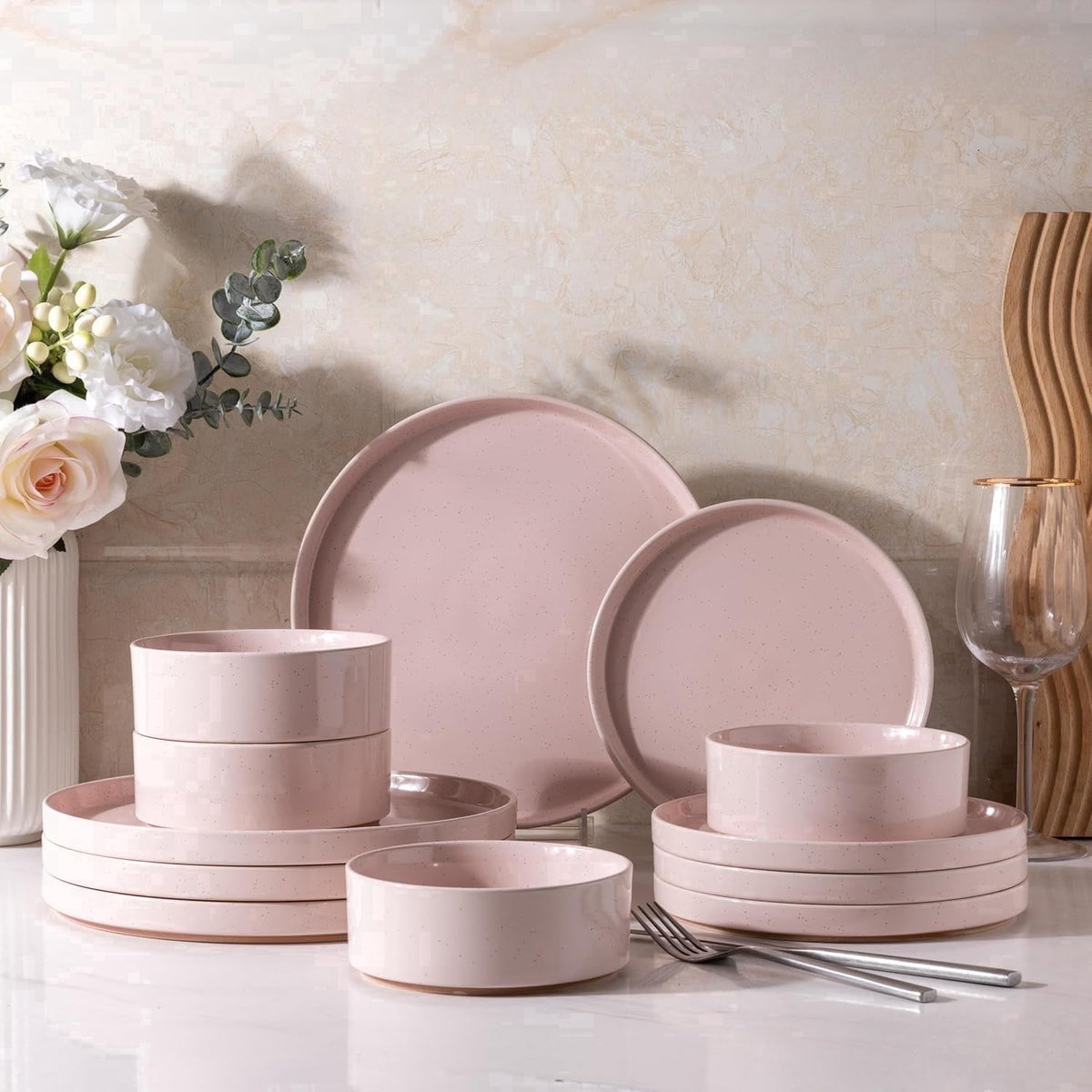 AmorArc Ceramic Dinnerware Set for 4 | Speckled Stoneware Plates and Bowls with unglazed terracotta | Scratch Resistant, Dishwasher & Microwave Safe Dishes Sets- 12-Pcs Pink