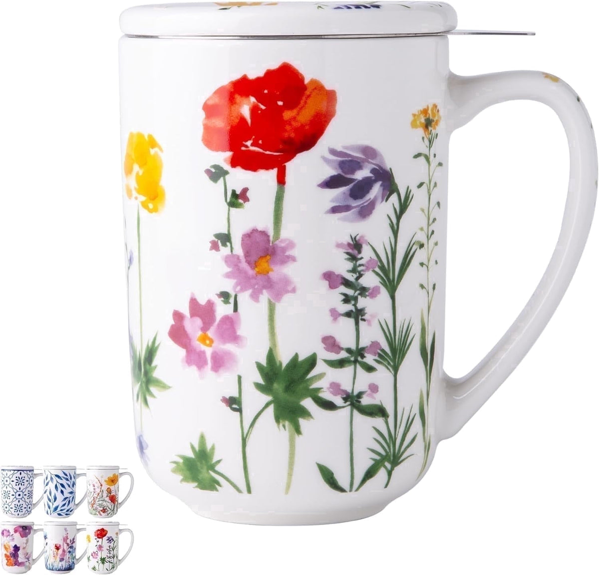 AmorArc Porcelain Tea Mug with Infuser and Lids, 18 Oz Cup Strainer Bag Holder for Loose Leaf Tea, Steeping Coffee Well-wrapped Box House-warming Wedding Birthday Gift, YelloRed