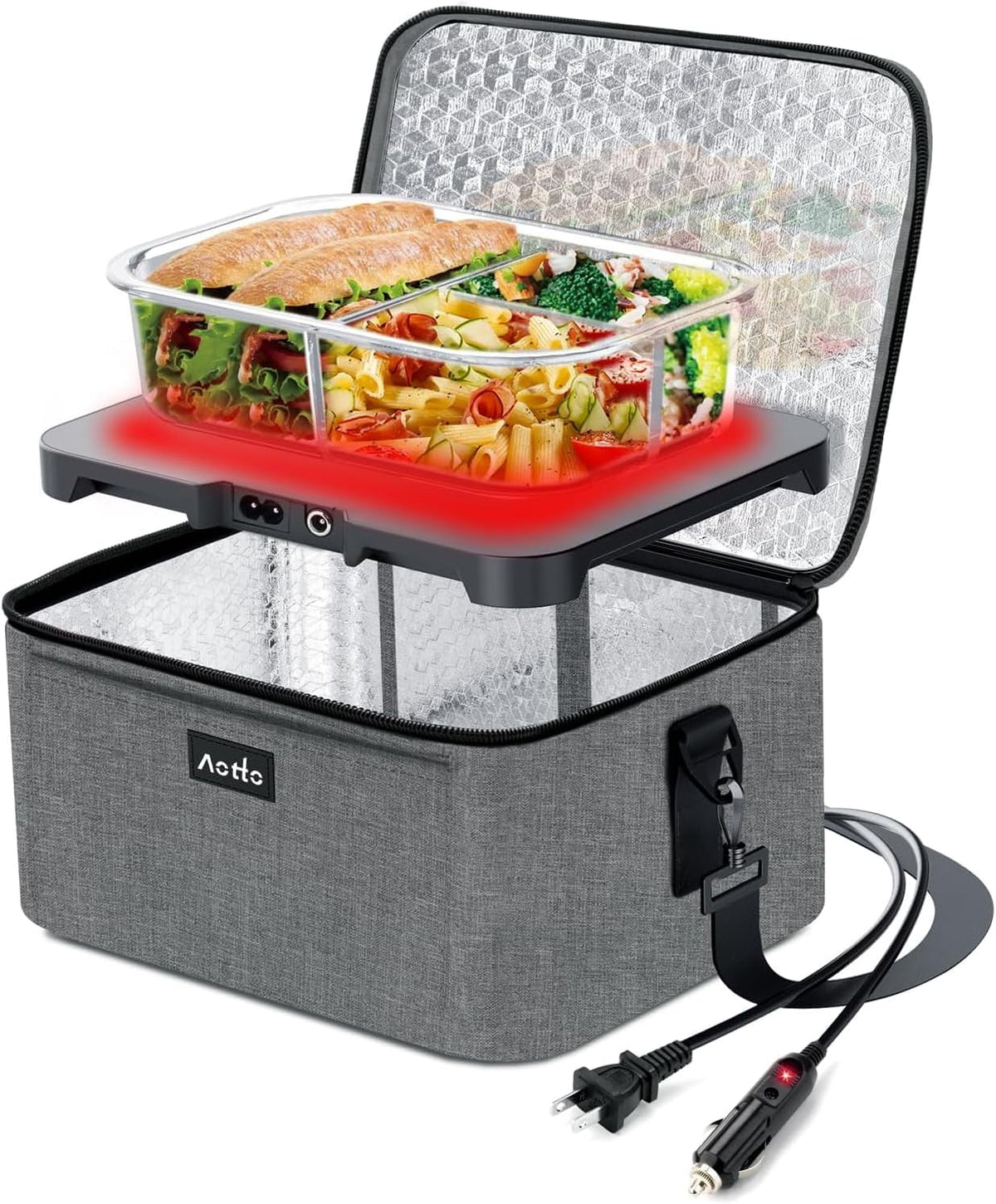 Aotto Portable Oven, 12V, 24V, 110V Portable Food Warmer, Mini Personal Microwave Heated Lunch Box for Work Reheating and Cooking Meals in Truck, Vehicle, Travel, Camping, Picnic, Black