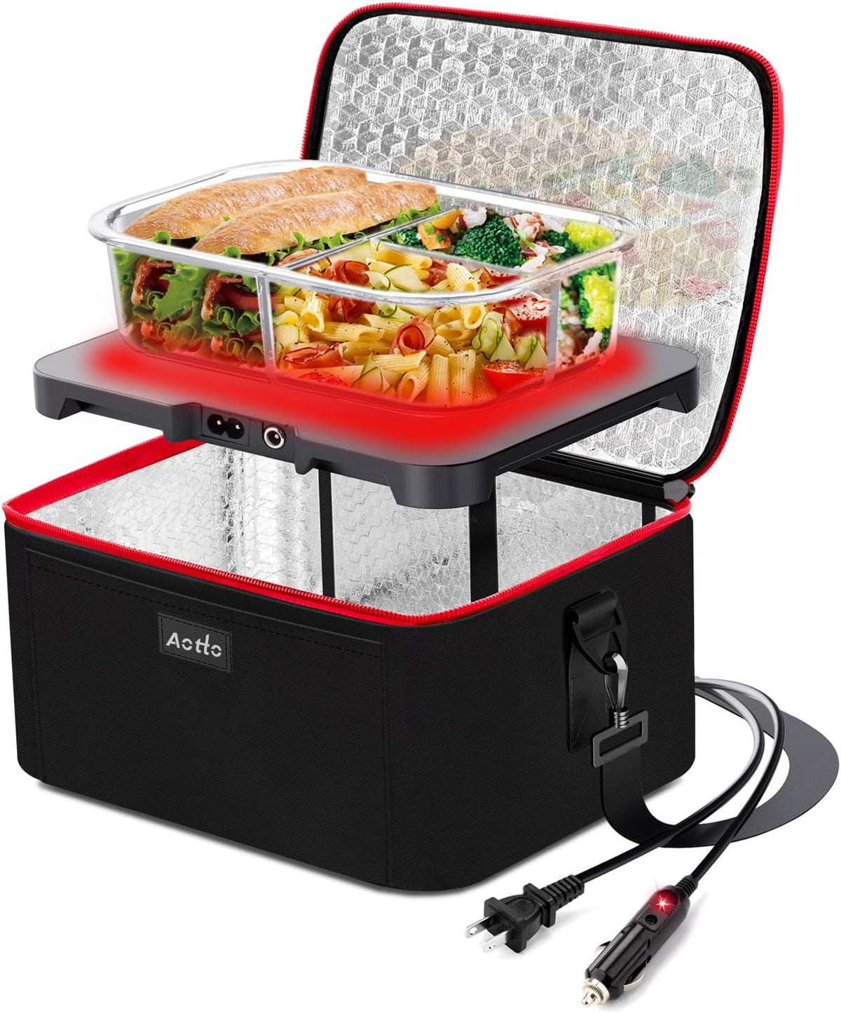Aotto Portable Oven, 12V, 24V, 110V Portable Food Warmer, Mini Personal Microwave Heated Lunch Box for Work Reheating and Cooking Meals in Truck, Vehicle, Travel, Camping, Picnic, Black