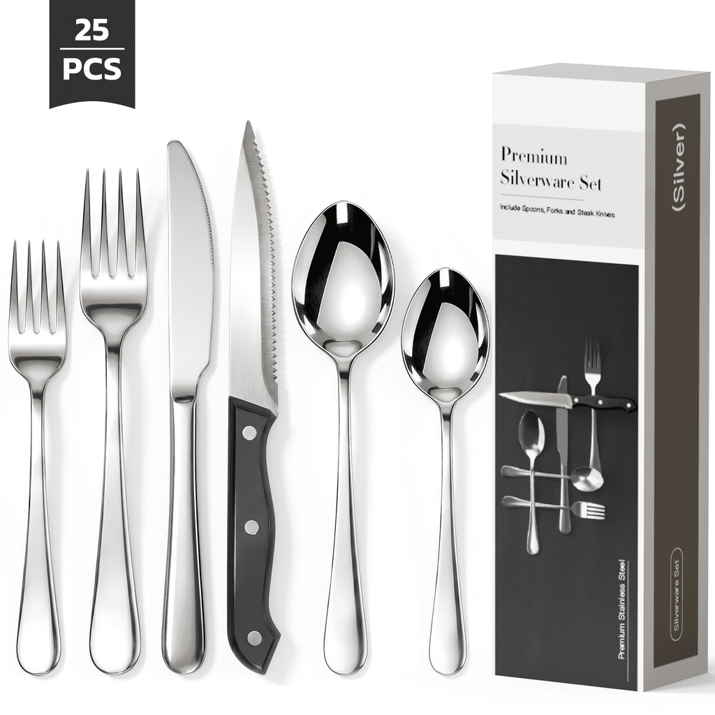 Astercook 25-Pieces Silverware Set with Steak Knives, Tableware Set for 4 - Great Food-Grade Stainless Steel Flatware Set, Mirror-Polished Dining Utensil Set Perfect for Home & Restaurant