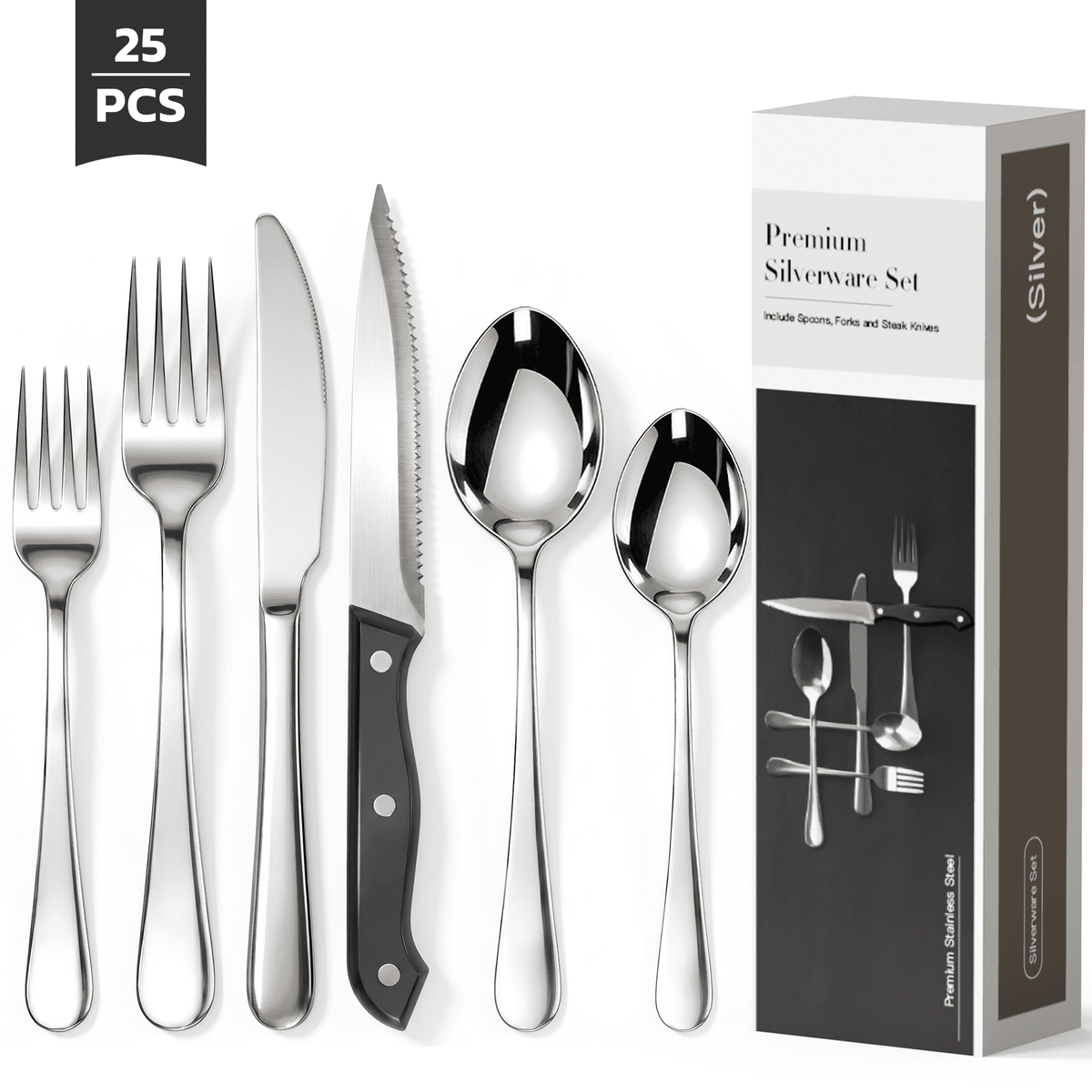 Astercook 25-Pieces Silverware Set with Steak Knives, Tableware Set for 4 - Great Food-Grade Stainless Steel Flatware Set, Mirror-Polished Dining Utensil Set Perfect for Home & Restaurant
