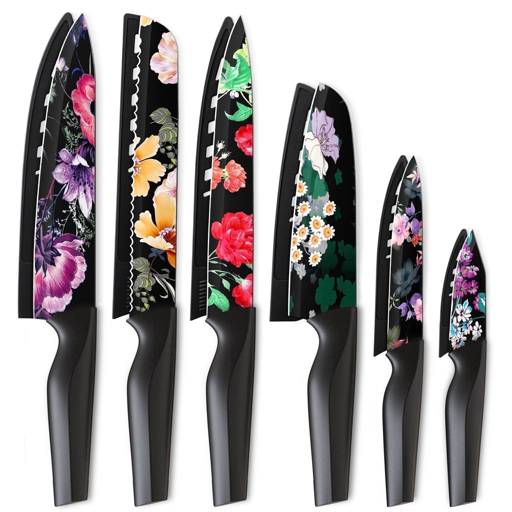 Astercook 6 Piece Flower Kitchen Knife Set, German High Carbon Stainless Steel Knives Sets with 6 Blade Guards Dishwasher Safe, Perfect Gifts for Kitchen