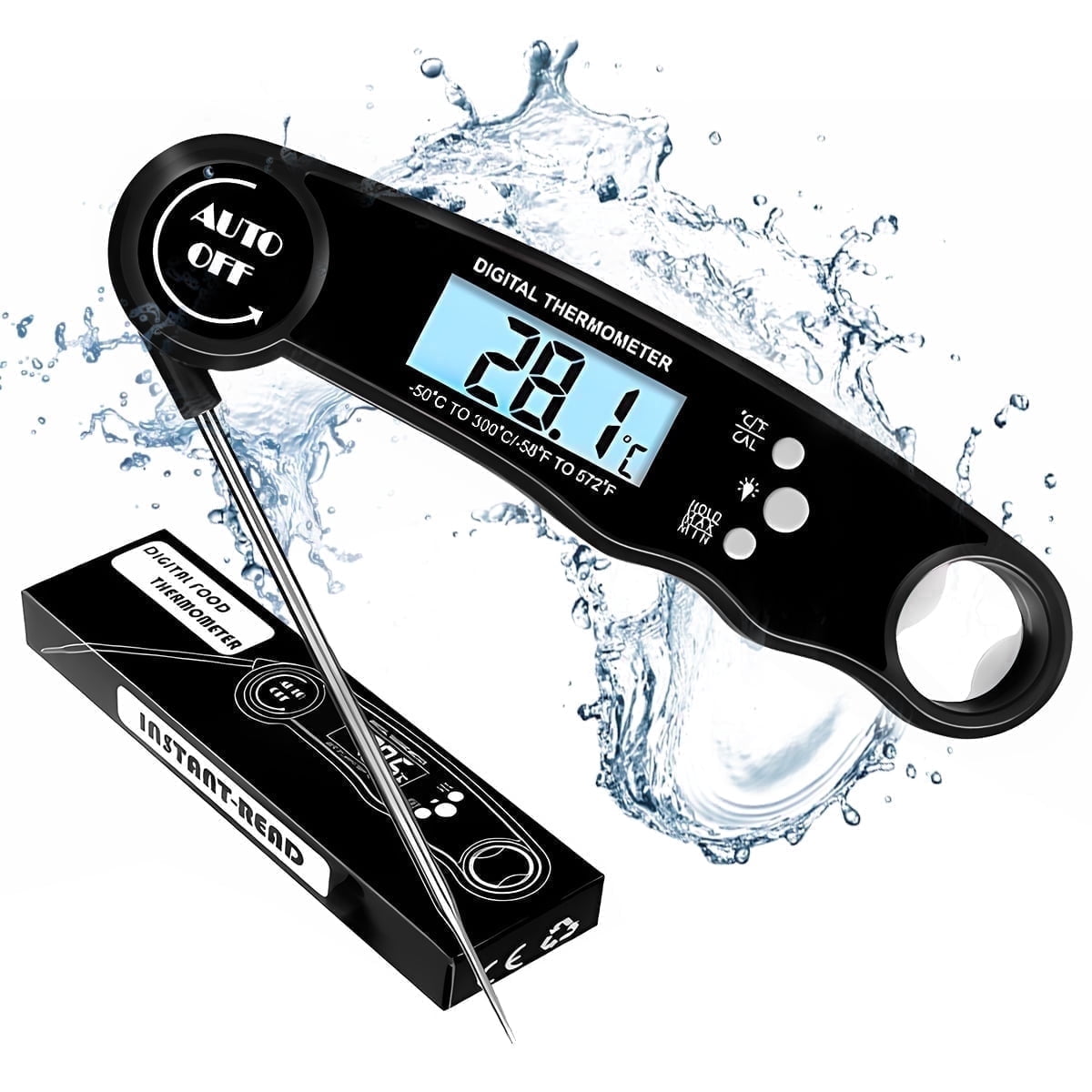 Yezivo Waterproof Meat Thermometer with Magnet, LED Display and Stainless Steel Probe, Instant Read Food Thermometer for Baking, Liquids, Candy, Grill Thermometer for Kitchen,BBQ,Party
