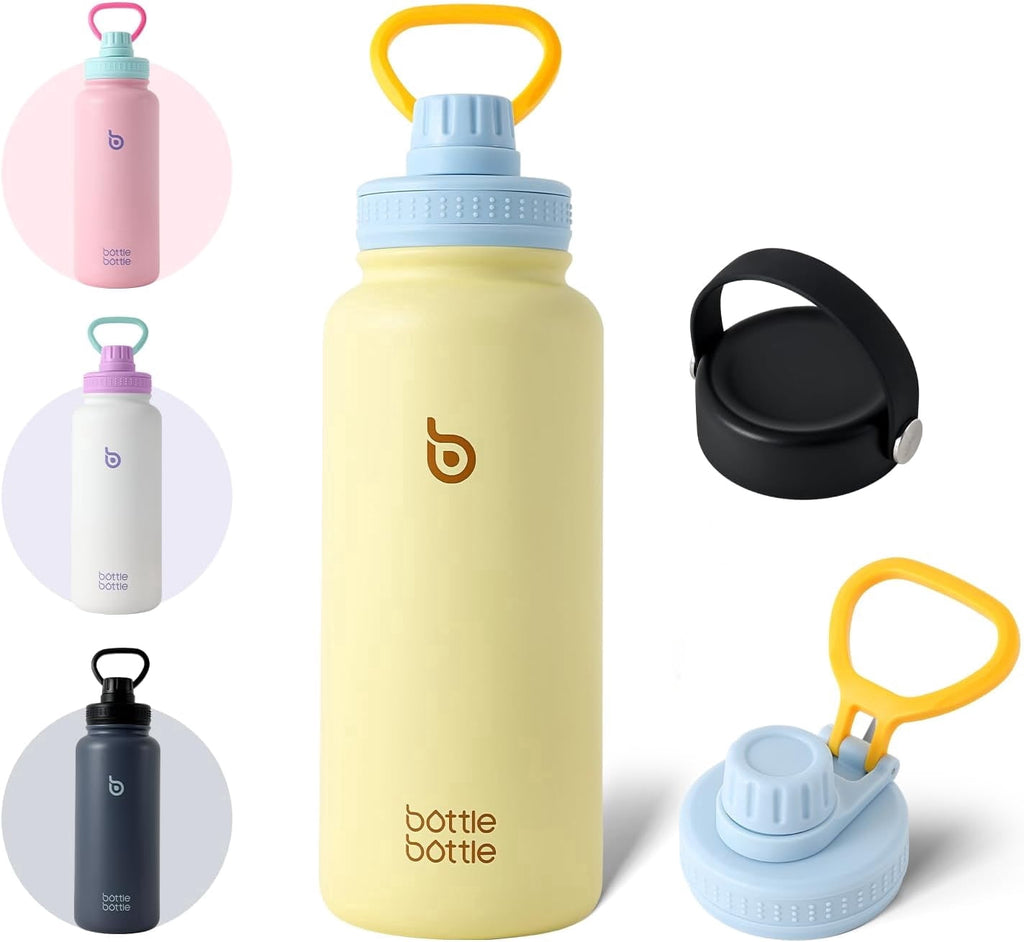 BOTTLE BOTTLE 32 oz Insulated Water Bottle Stainless Steel Water Bottle with Two Lids and Handle Double Walled BPA-Free Keeps Drinks Cold for 12 Hours and Hot for 24 Hours (ButterLatte)