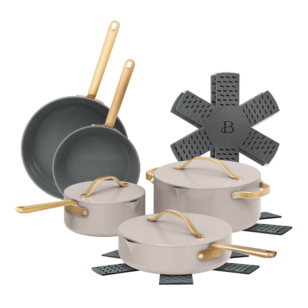 Beautiful 12-Piece Cookware Set, Pots and Pans with Strainer Lids and EverGood Ceramic Nonstick Coating, White Icing by Drew Barrymore