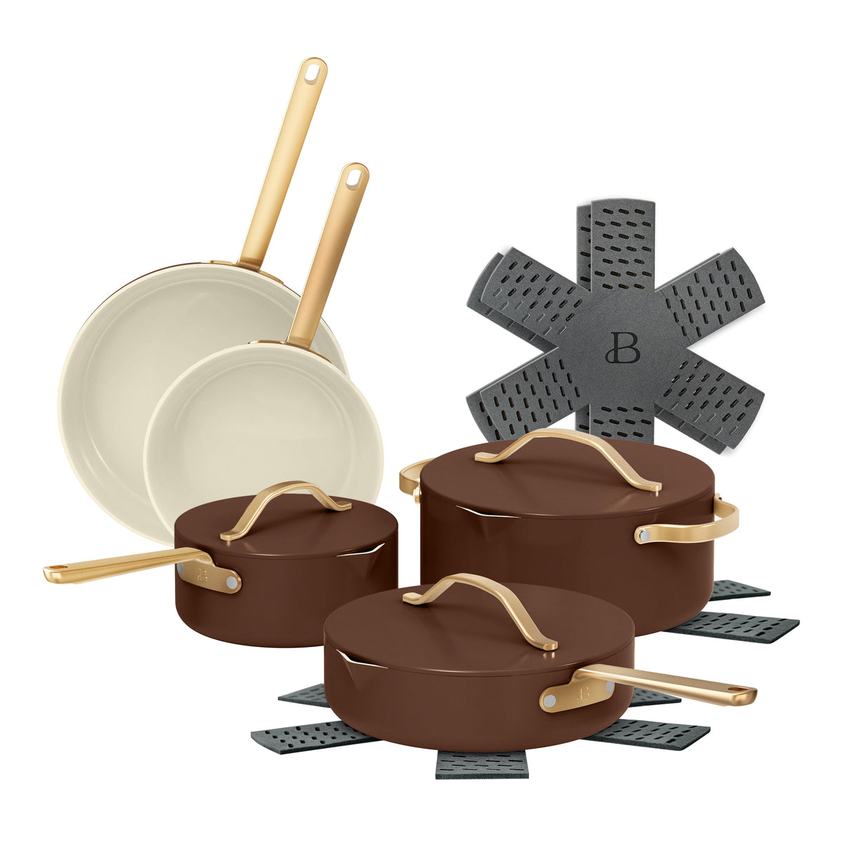 Beautiful 12-Piece Cookware Set, Pots and Pans with Strainer Lids and EverGood Ceramic Nonstick Coating, White Icing by Drew Barrymore