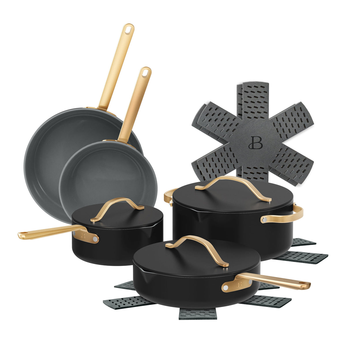 Beautiful 12-Piece Cookware Set, Pots and Pans with Strainer Lids and EverGood Ceramic Nonstick Coating, White Icing by Drew Barrymore