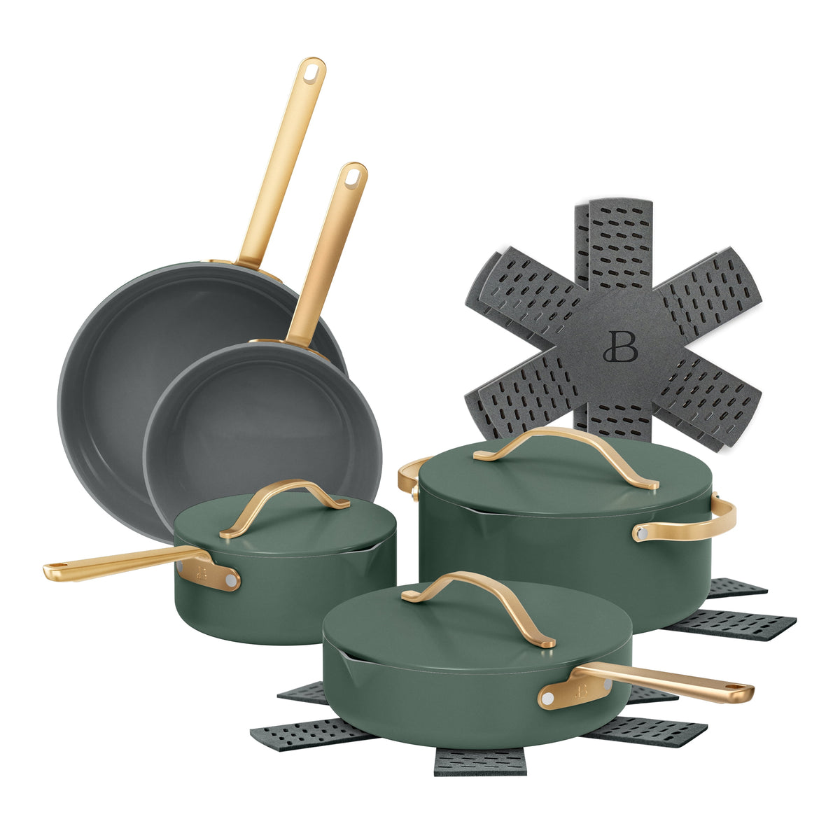 Beautiful 12-Piece Cookware Set, Pots and Pans with Strainer Lids and EverGood Ceramic Nonstick Coating, White Icing by Drew Barrymore