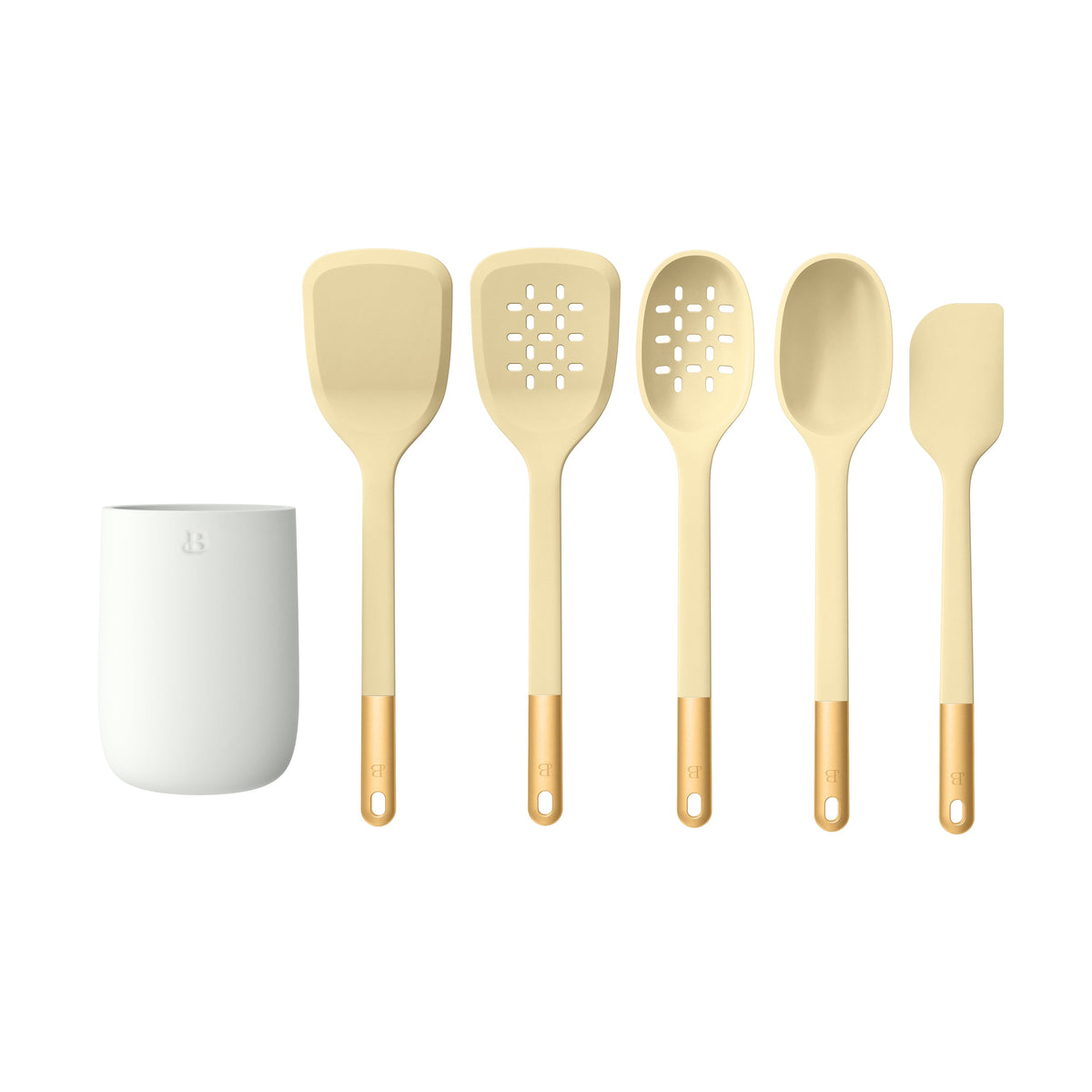 Beautiful 6-Piece Silicone Kitchen Tool Set with Ceramic Crock, Chocolate by Drew Barrymore