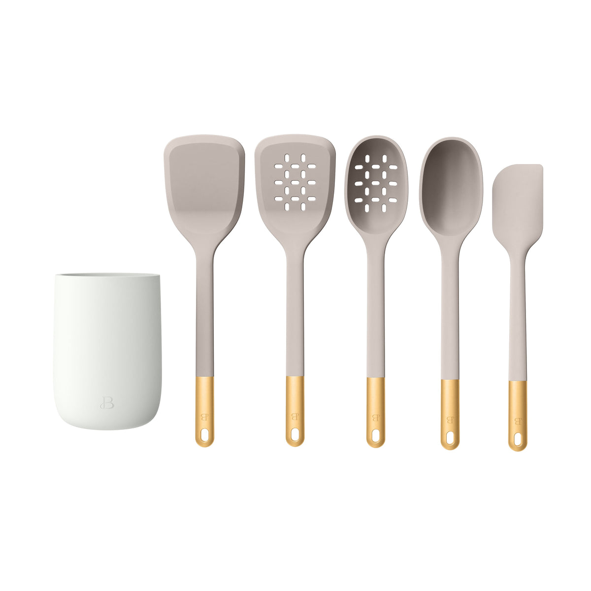 Beautiful 6-Piece Silicone Kitchen Tool Set with Ceramic Crock, Chocolate by Drew Barrymore