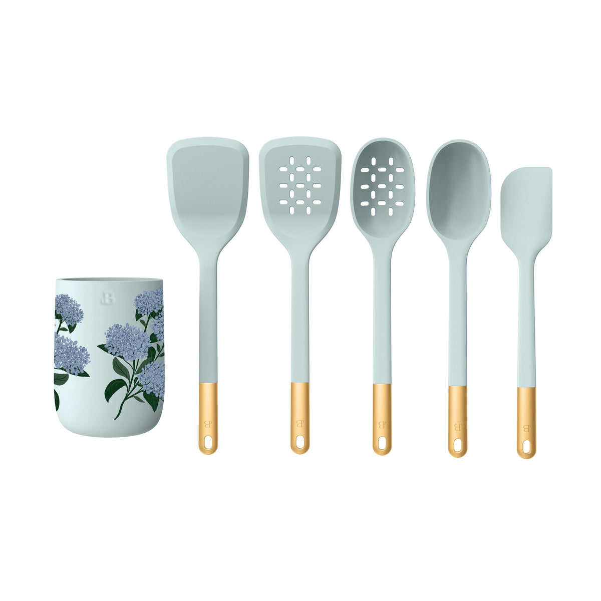 Beautiful 6-Piece Silicone Kitchen Tool Set with Ceramic Crock, Chocolate by Drew Barrymore