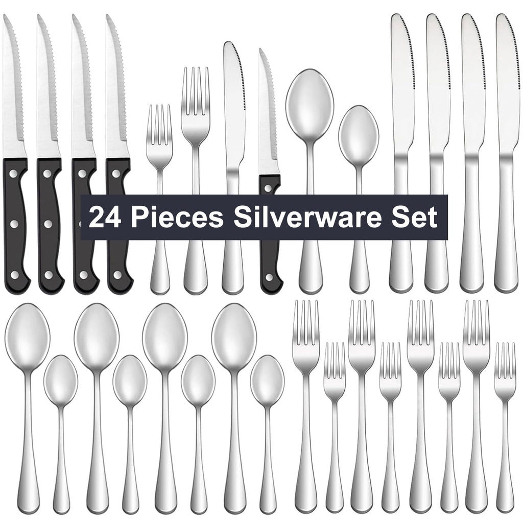 Bluebow 24-Piece Silverware Set with Steak Knives, Flatware Cutlery Set for 4, Food-Grade Stainless Steel Kitchen Tableware Set