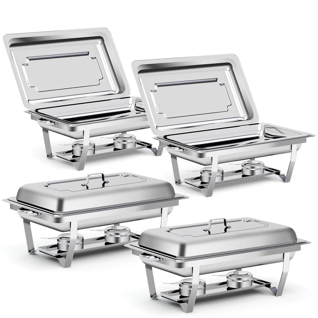 Bluebow 4 Pack Chafing Dishes for Buffet Set, Stainless Steel Catering Chafer, Serving Food Warmer with Lids, Food & Water Pans & Fuel Holders