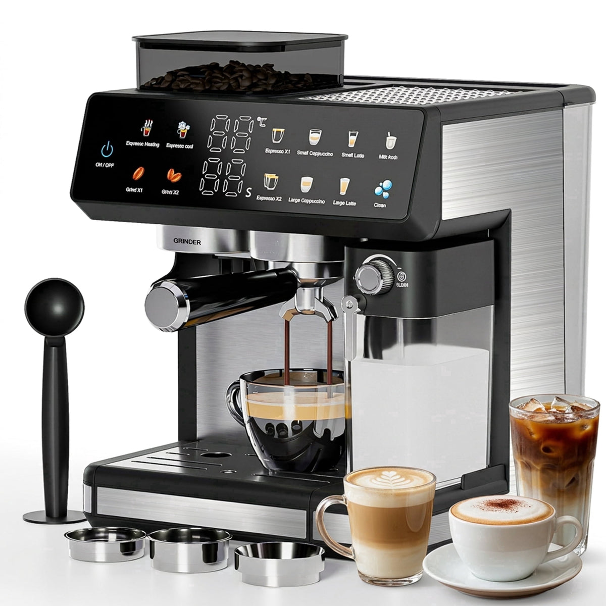 Bluebow 20-Bar Espresso Machine with Grinder and Milk Frother, All-in-One Automatic Coffee Maker for Latte Cappuccino, Home&Office