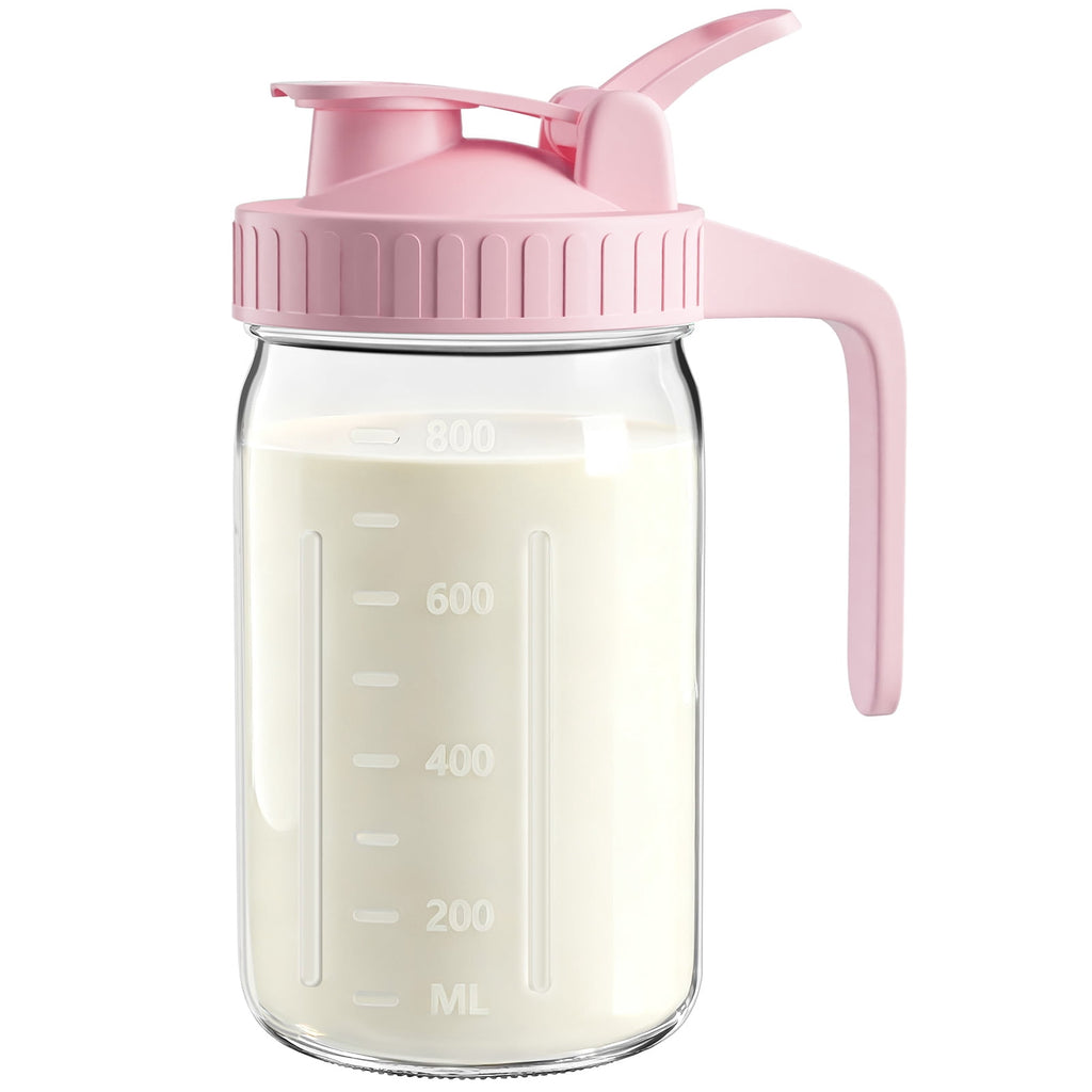 Breast Milk Pitcher 32oz Mason Jar with Wide Mouth and Handle-Pink Glass Pitcher with Flip Cap Lid and Pour Spout Airtight Seal for Cold Beverages