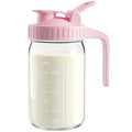 Breast Milk Pitcher 32oz Mason Jar with Wide Mouth and Handle-Pink Glass Pitcher with Flip Cap Lid and Pour Spout Airtight Seal for Cold Beverages